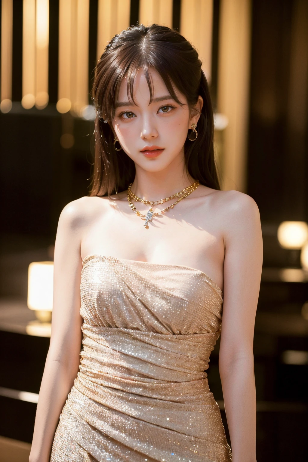 (masterpiece, best quality, high intricate details, realistic skin details, photo realistic),a girl,beautiful,cute,looking to the viewer,upper body,bokeh,long hair,bangs,brown hair,wearing strapless sequin dress,flash light,gold dress,earring,necklace,jewelry,in the gala night,luxury hotel,jisoo,<lora:Jisoo-01:0.9>,