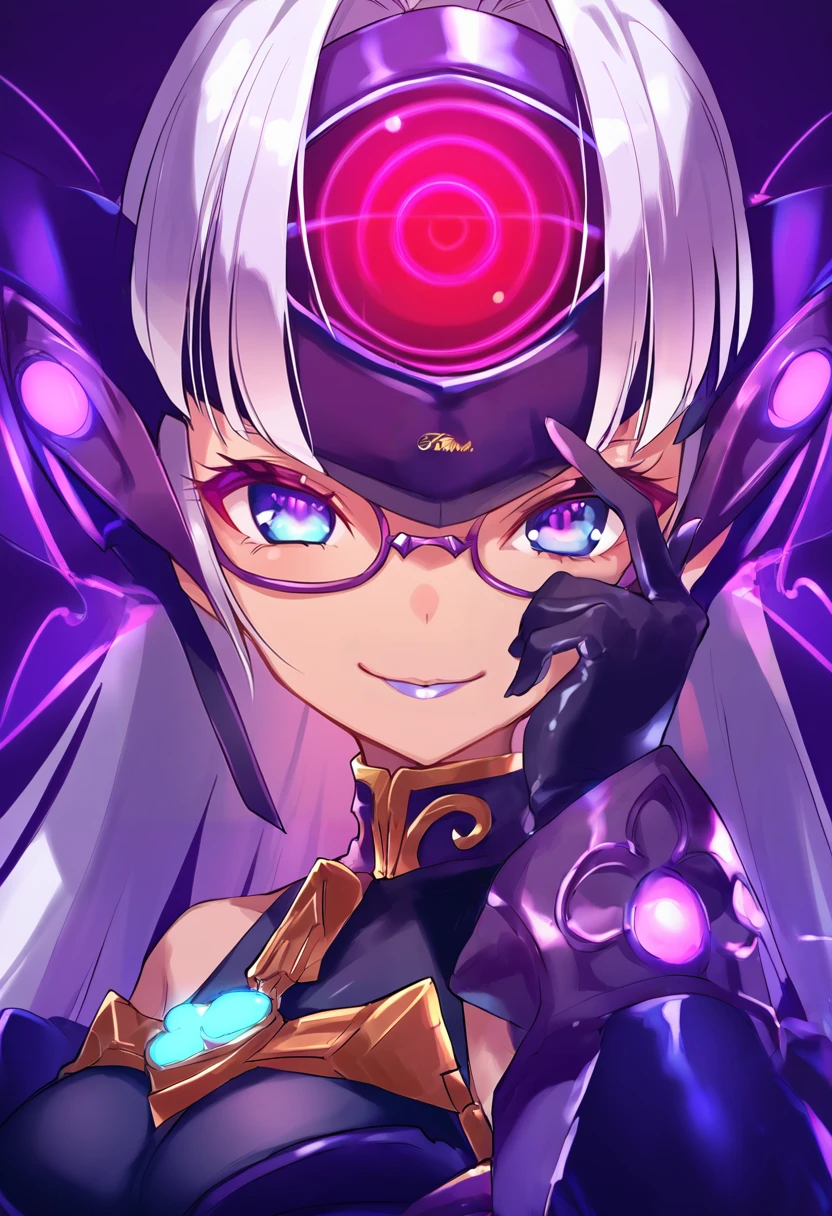 (score_9:0.9),score_8_up,score_7_up,anime style,rating_safe,(zPDXL),<lora:XB2 t-elos re ponyXL v1:0.9>,t-elos re:,purple outfit,forehead protector,1girl,solo,smile,portrait,looking at viewer,forehead protector cover eyes,glowing,