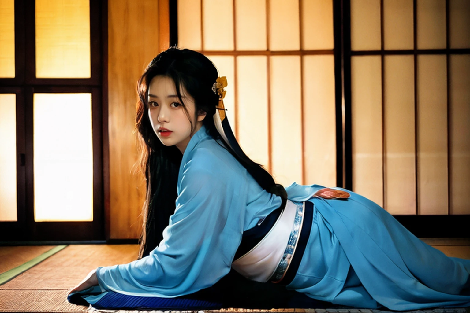 Raw format,ultrahigh-res,film photography,film still,film grain,<lora:naked hanfuV2:0.8> hangongchunyue style,hangongchunyue background, a woman, solo, black hair, bottle, sliding doors, indoors, parted lips, tatami, long hair, lying, sash, long sleeves, chinese clothes, blue hanfu, wide sleeves, sitting, ribbon, on floor, arm support, robe, shouji, profile, on side, looking at viewer and facing viewer
<lora:PornMaster-Hanfu:0.3>,,<lora:pornmaster_dpo+braV7:0.25> depth of field,bokeh