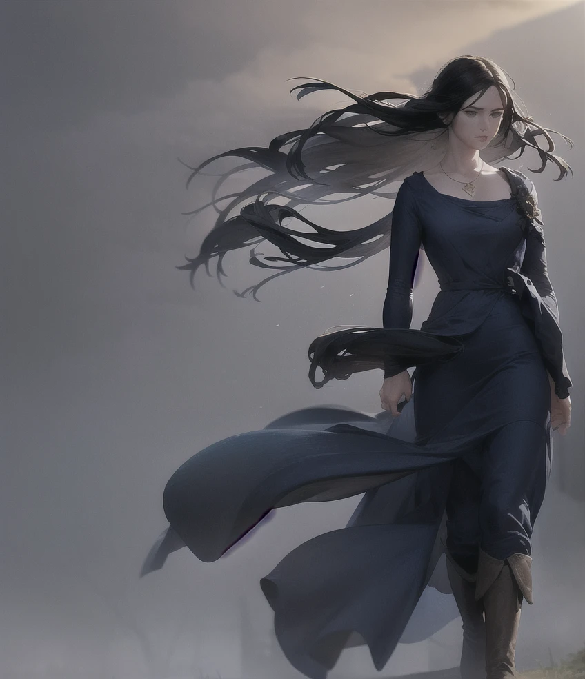 woman picking flowers, holding, long dark blue silk dress, brown boots, pitch black hair, wind, atmospheric,  <lora:Merlin_TV-Show_Fashion:0.65> , merlin fashion, merlin style fashion, merlin dress, necklace, realistic, sunlight, bare shoulders,, (masterpiece:1,2), best quality, masterpiece, highres, original, extremely detailed wallpaper,