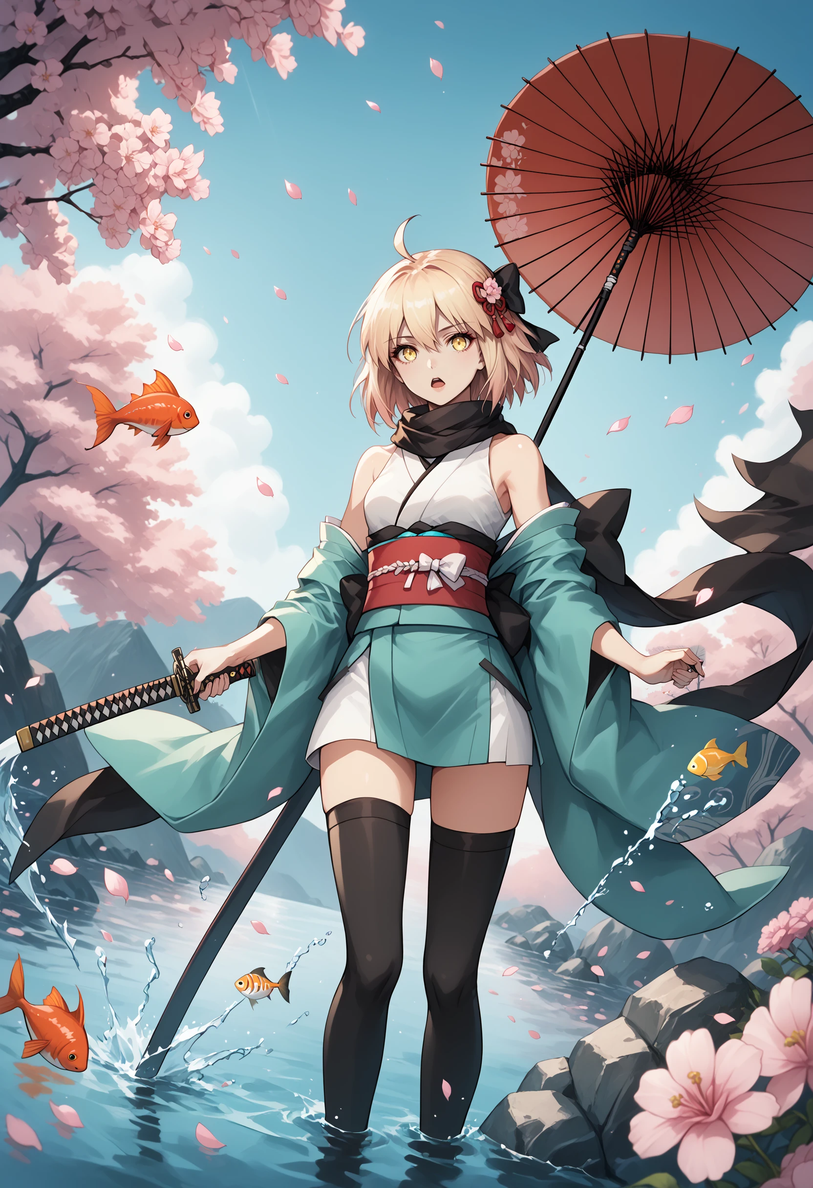 1girl, okita souji \(fate\), okita souji \(koha-ace\),  umbrella, japanese clothes, fish, oil-paper umbrella, solo, weapon, thighhighs, sword, kimono, cherry blossoms, short kimono, katana, scarf, haori, looking at viewer, bow, holding, ahoge, sash, black thighhighs, hair bow, obi, short hair, blonde hair, yellow eyes, hair ornament, black bow, shinsengumi, flower, goldfish, open mouth, holding sword, koi, holding weapon, holding umbrella, petals, thighs, day, thigh gap, bare shoulders, pink flower, outdoors, feet out of frame, standing, hair between eyes, :o, dutch angle, splashing, black scarf, off shoulder, water, wind, fish,  BREAK PonyXLV6_Scores