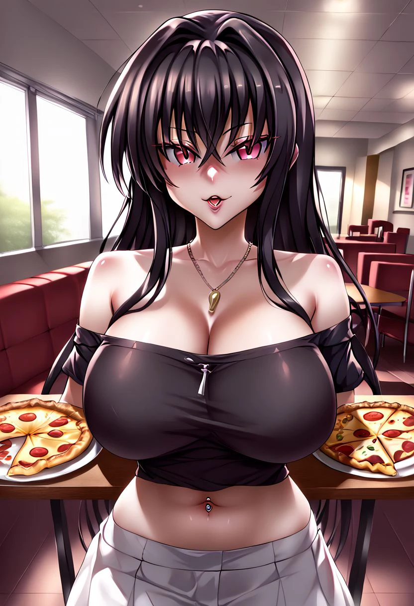 Masterpiece, best quality, high quality, highres, 4k, detailed face, Expressiveh, DxD, raynare, black hair, maroon eyes, crossed bangs, long hair, huge breast, wrist scrunchie, black shirt, off shoulder, midriff, navel piercing, necklace, pov across table,  pizza, elbow on table, arm support, restaurant,