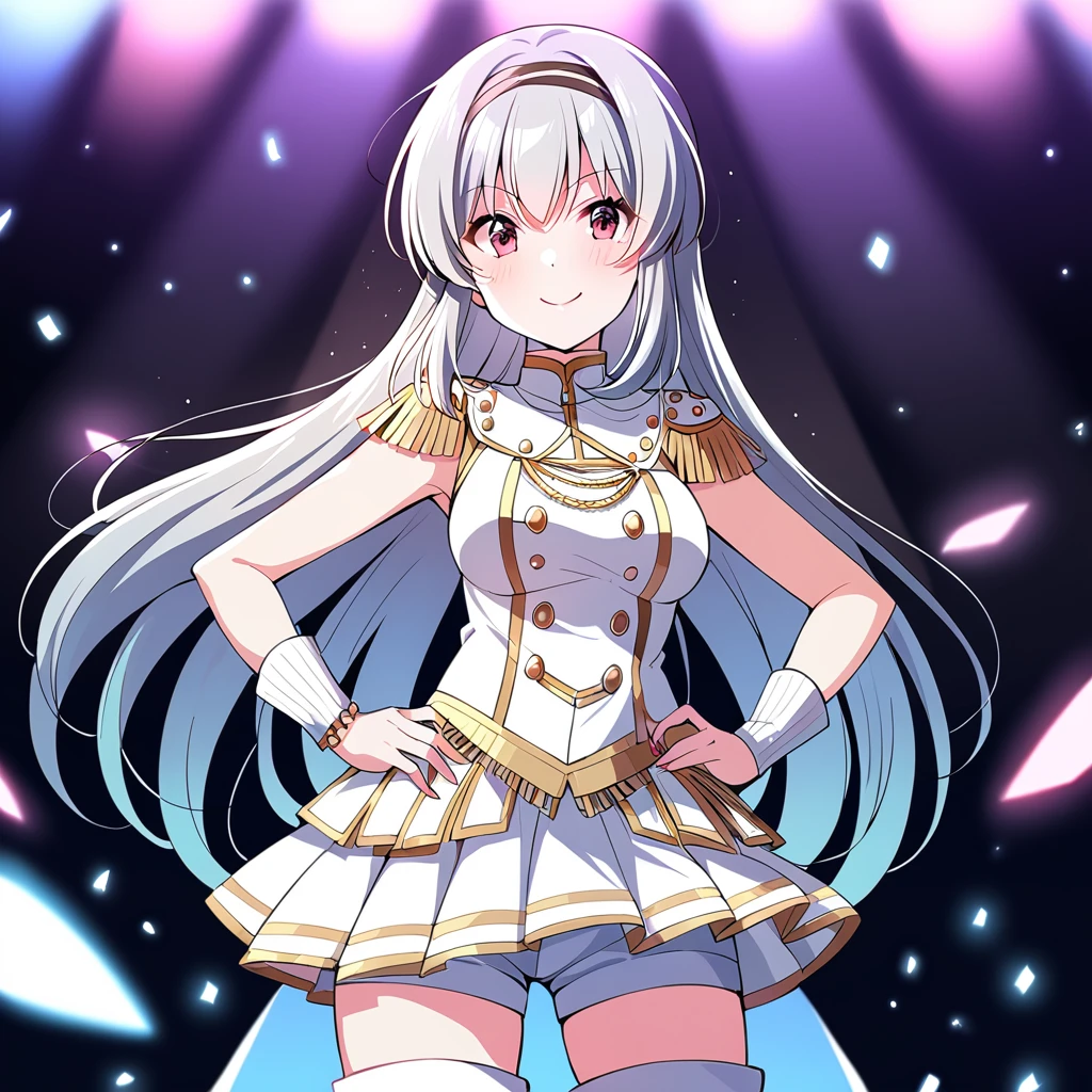 masterpiece,tendorui,1girl,solo,tendorui,1girl,tendorgti costume,tendorgti high boots,tendorgti wrist cuffs,smile,tendi hairband,hands on hips,solo,tendorgti short shorts,facing viewer,<lora:tendorui:0.8>,Tyndall effect,idol,on stage,depth of field,