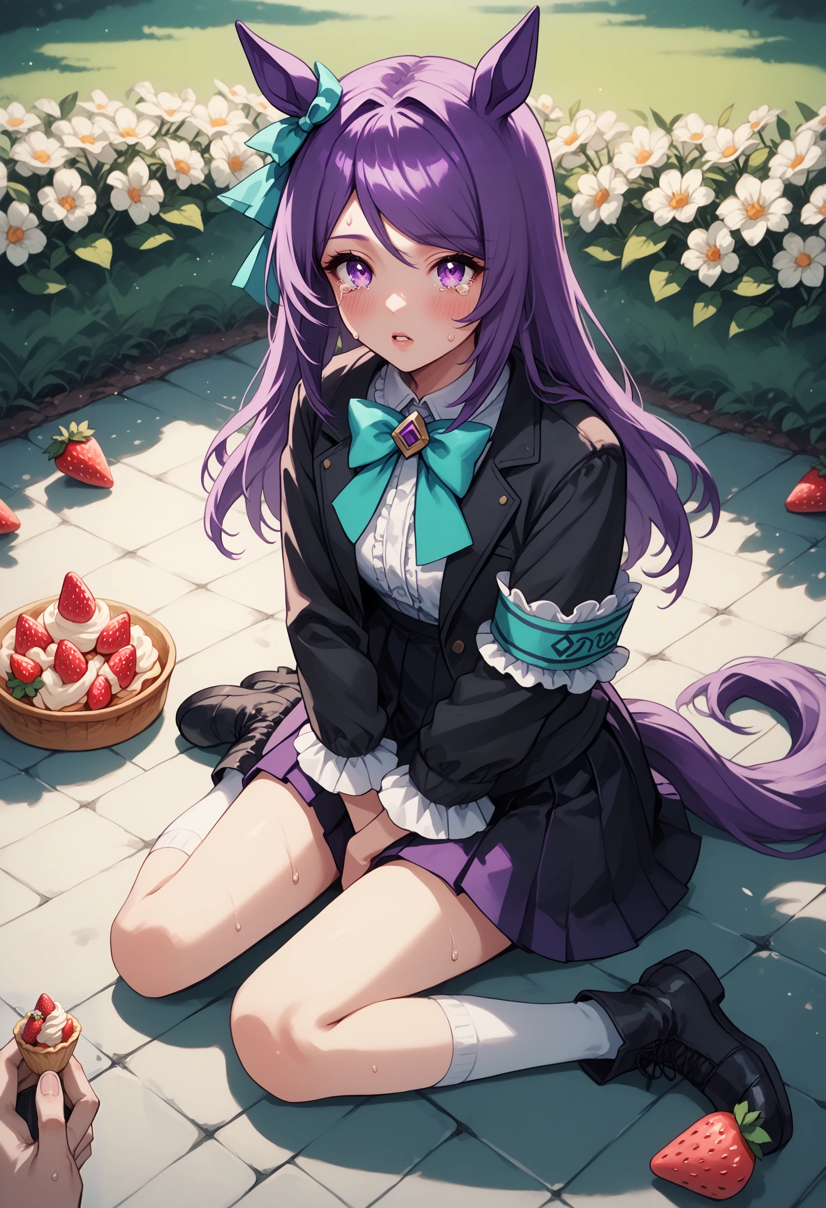 1girl, mejiro mcqueen \(umamusume\),  animal ears, long hair, purple eyes, horse ears, purple hair, horse girl, outdoors, tail, food, long sleeves, blush, horse tail, skirt, crepe, bow, black skirt, looking at viewer, frills, solo focus, sitting, pleated skirt, swept bangs, holding, day, jacket, flower, ribbon, parted lips, black jacket, tears, frilled sleeves, bowtie, holding food, socks, strawberry, black footwear, white socks, sweets, full body, kneehighs, sweat, looking up, boots, pov, pov hands, white flower, armband, aqua bow, v arms, frilled jacket, aqua ribbon, aqua bowtie, fruit,  BREAK PonyXLV6_Scores