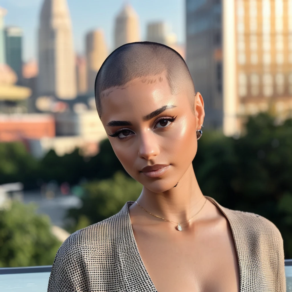 Buzzcut, no hair, bald, (Skin Texture, pores, natural,iPhone,RAW)), natural lighting, Highest Quality closeup Portrait photo of a woman wearing no makeup with a ((buzzcut)), Nikon Z9, realistic matte skin, blurry city in the background, 8K, , tyxla, <lora:tyla_juggerX_xl_1_st_wocap-tyxla-000086:1>