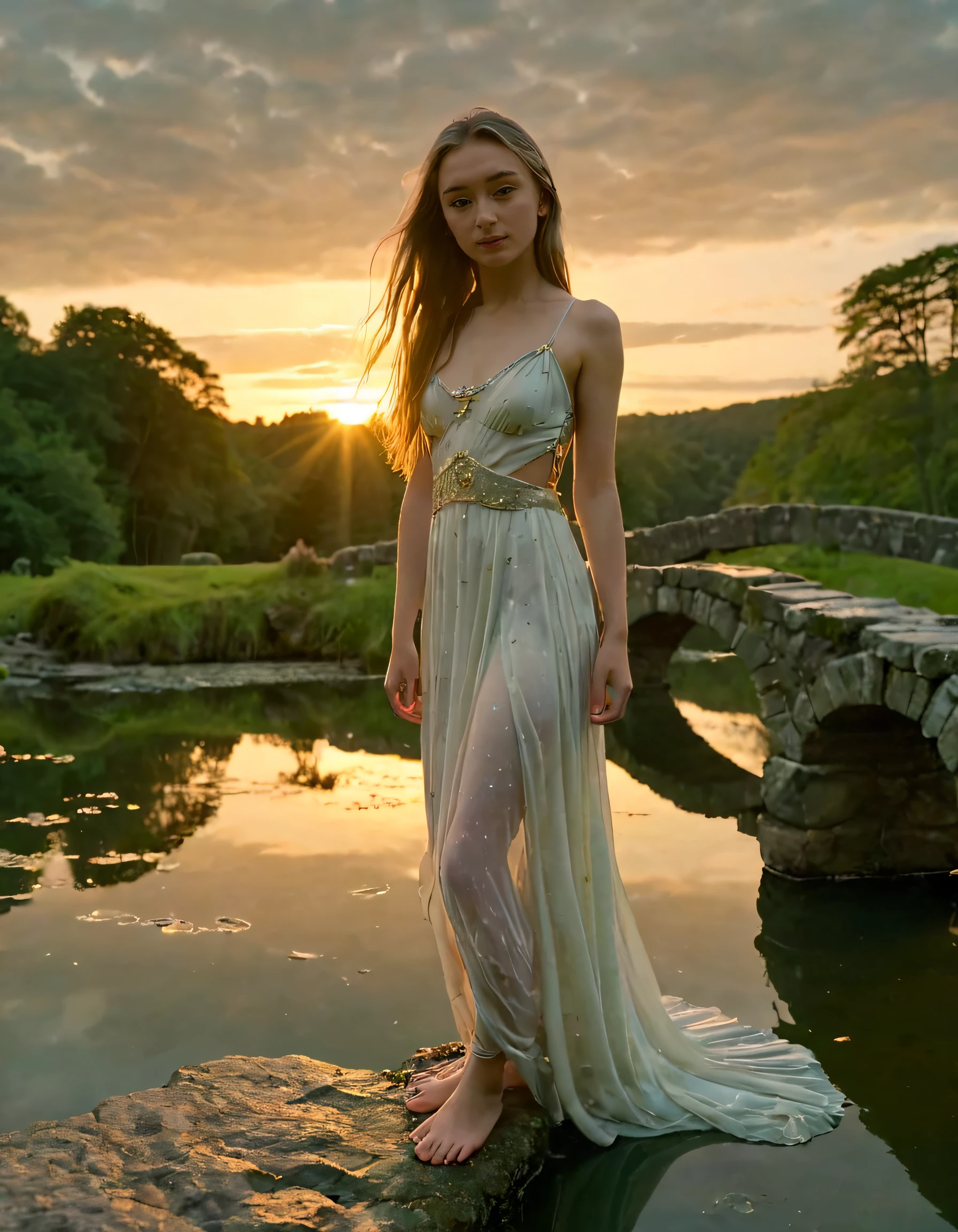 As the golden sun dips below the horizon, a breathtaking young woman named Chloe, her alabaster skin glowing like polished marble under the warm golden light, stands atop an ancient ancestral stone bridge arcing gracefully over a serene emerald-green lake, its surface mirroring the vibrant colors of sky above. With one hand delicately placed upon the cool moss-covered stone railing, her gaze intently fixed on distant point beyond camera's frame, her dark eyes reflecting enigmatic sadness that belies her ethereal beauty. Her long flowing hair, the color of moonlit sea, cascades down her back like waterfall of silk, gently swaying in evening breeze. She wears a simple yet elegant gown ivory-white silk, its intricate embroidery shimmerating as wovenfrom stardust, cinched at the waist by a thin belt adorned with precious gemsthat sparklelike tiny stars against fading light. The hem of her dress trails in water beneath her feet, the water ripples forming intricate patterns around her slenderankles. The ancient stone bridge stretches out behind her, its ar arching upwards to meet sky filled clouds tinge pink and orange, while distant forest on either side bathed in soft shadows setting sun. The entire scene captured by camera perched atop tripod, lens trained on young women's Chloe's face, focusing every feature, from delicate cheekbone to the sensuous brow arch slender shankle. <lora:prtxwt18fb9fa20cfn5d5:1>