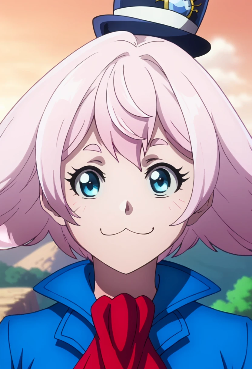 score_9, <lora:Emul_human:1> emul_human, 1girl, ascot, day, emul_human, hat, looking at viewer, outdoors, parody, short hair, sky, smile, solo, top hat, upper body, white hair