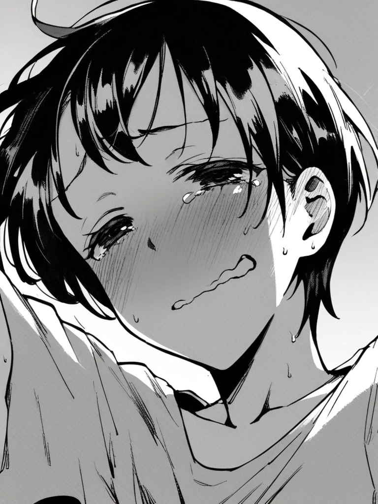 blush, sweat, open mouth, rolling eyes, tears, tongue out,trail,open mouth,tongue out,from above,overflow,wet,Spasm, on bed