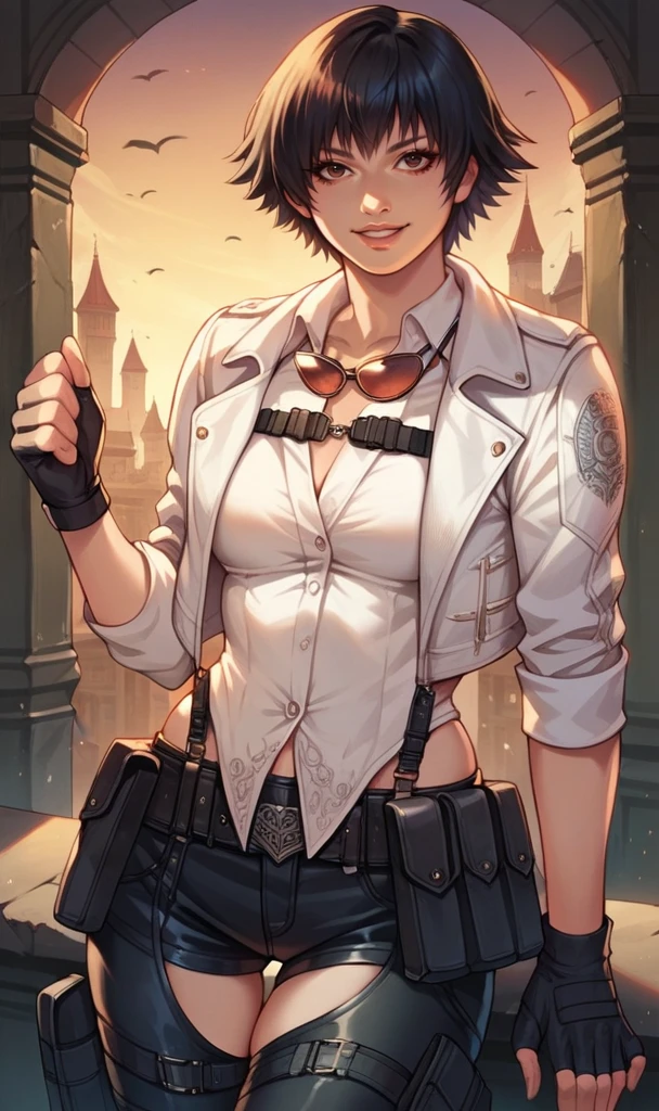 score_9, score_8_up, score_7_up, score_6_up, source_anime, BREAK masterpiece, LadyDMC5, cropped jacket, white shirt, fingerless gloves, eyewear around neck, thigh cutout, thigh gap, short hair,,smile, lips, parted lips,  gothic architecture, night