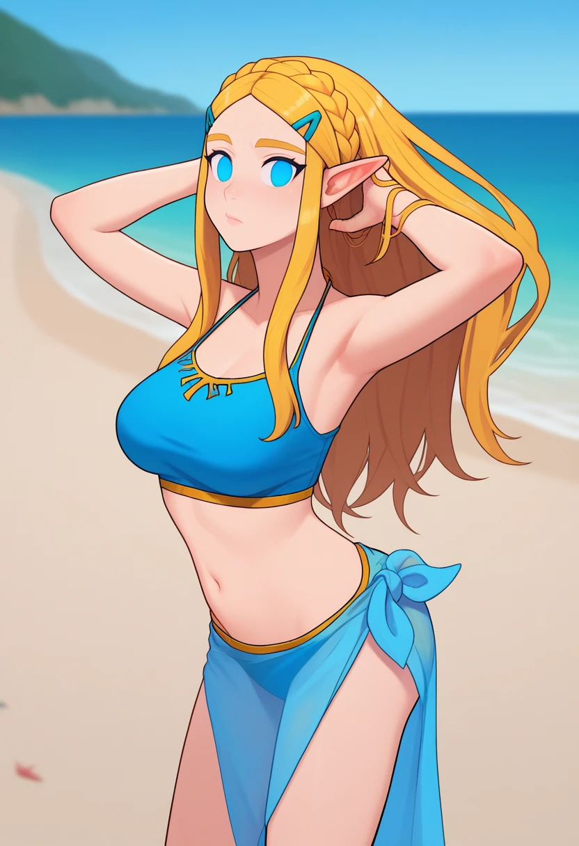 score_9, score_7_up, BREAK   <lora:kannelart-guy-PONYv1:1>, no pupils, 1girl, solo, princess zelda, blue bikini, beach, sarong, blue background, crop top, long hair, see-through, breasts, sleeveless, adjusting hair,