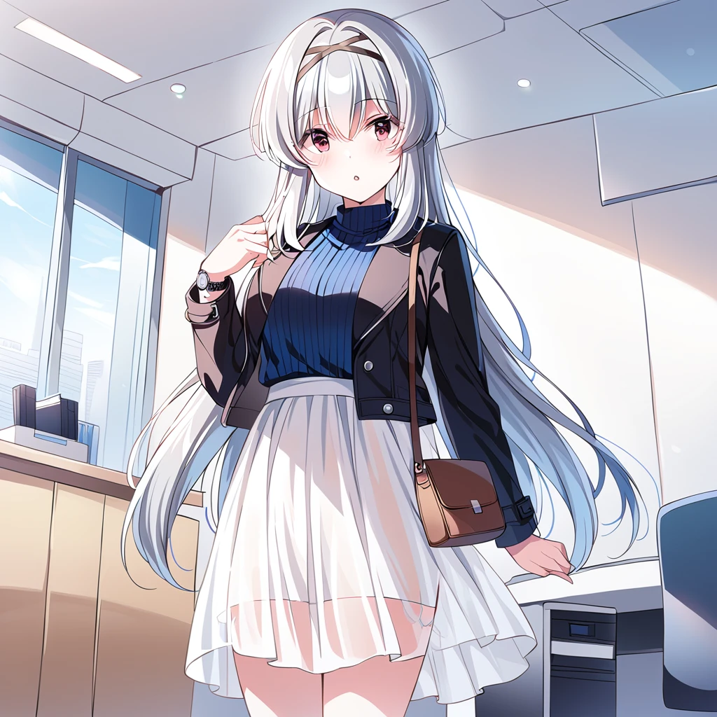 masterpiece,tendorui,1girl,solo,tendorui hairband,parted lips,hand up,shoulder bag,watch,casual1 shirt,casual1 see-through skirt,casual1 open jacket,casual1 cross-laced footwear,standing,looking at viewer,<lora:tendorui:0.8>,office,Tyndall effect,
