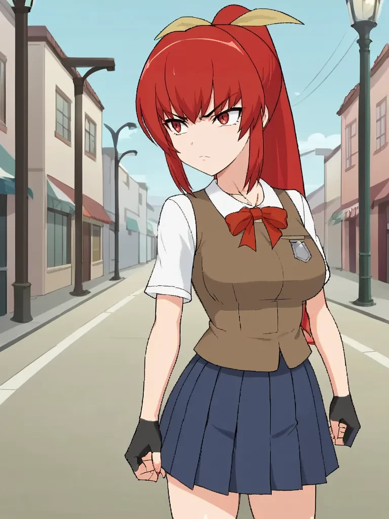 score_9, score_8_up, score_7_up, source_anime, 2D, flat colors, flat shadows, anime_screencap, <lora:satsukirindopony:1>,
1girl, satsukirindo, large breasts, red hair, ponytail, hair ribbon, red eyes, white shirt, short sleeves, brown vest, red bow, blue skirt, school uniform, fingerless gloves, standing, outdoors, serious, angry, cowboy shot,
