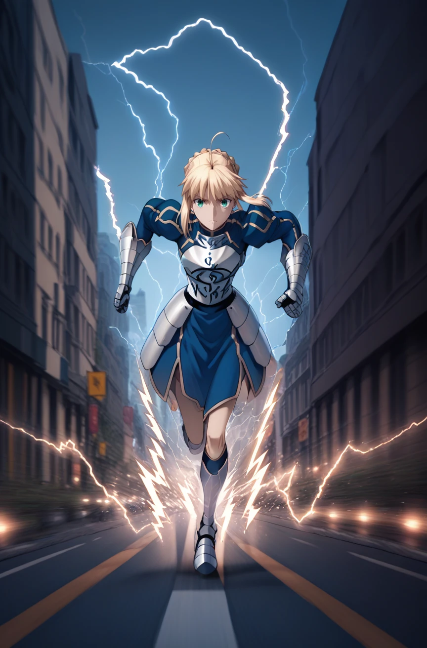 score_9, score_8_up, score_7_up, source_anime, <lora:Superspeed:1> electricity, running, motion blur, city, road, 1girl, full body, <lora:artoria-pendragon-hf-ponyxl-lora-nochekaiser:0.7> artoria pendragon, artoria pendragon \(fate\), saber, blonde hair, green eyes, ahoge, sidelocks, || hair bun, single hair bun, braid, dress, ribbon, hair ribbon, armor, gauntlets, armored dress,