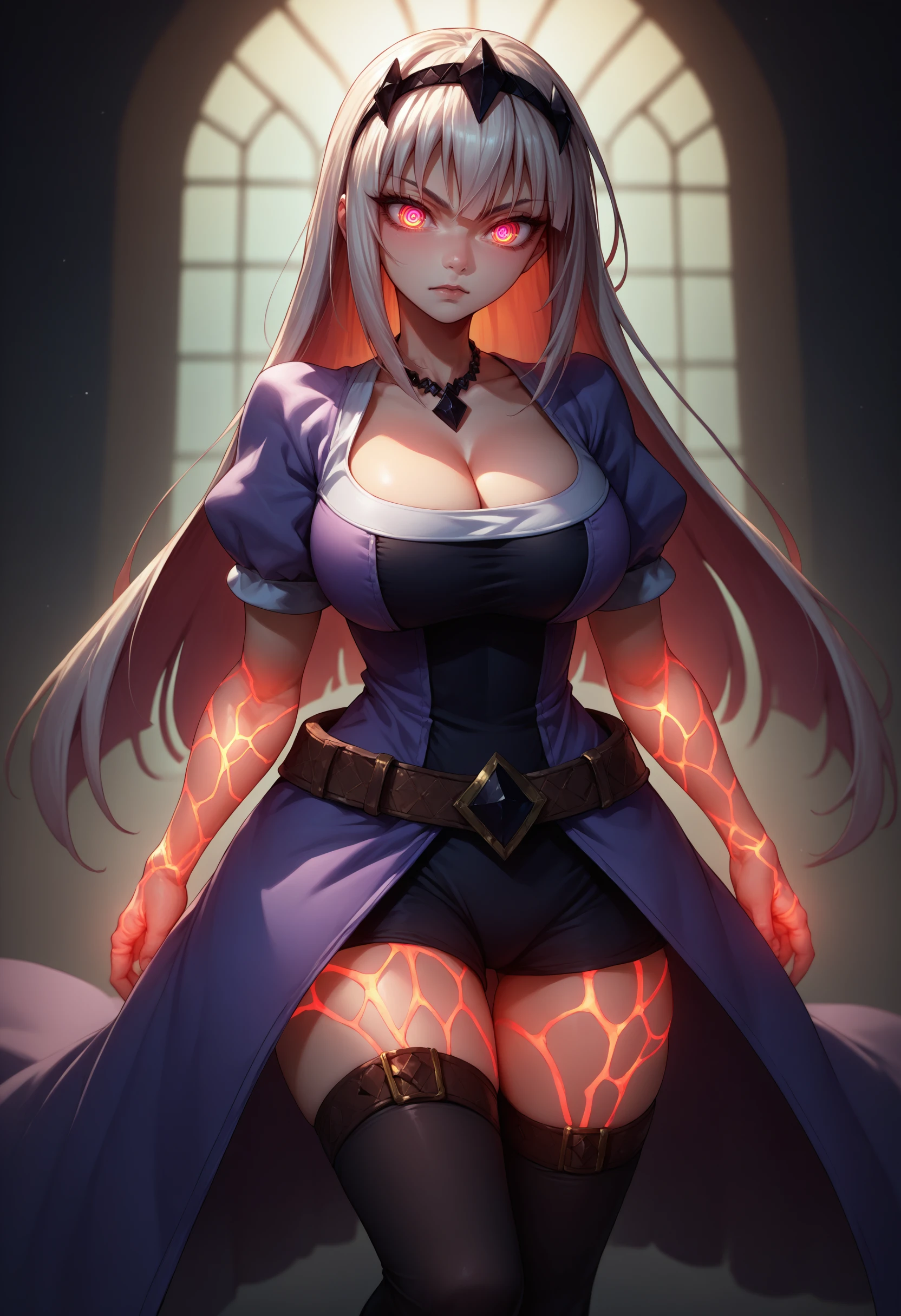 score_9, score_8_up, score_7_up, source_anime, glowing veins, glowing body, <lora:EnergyVeins_XLPD:1.2>, <lora:Nikusa_XLPD_CAME:0.8> Nikusa, ringed eyes, cleavage, (inner thigh vent), puffy sleeves, tiara, purple dress, puffy short sleeves, black hairband, necklace, collarbone, belt, thighhighs, looking at viewer,
