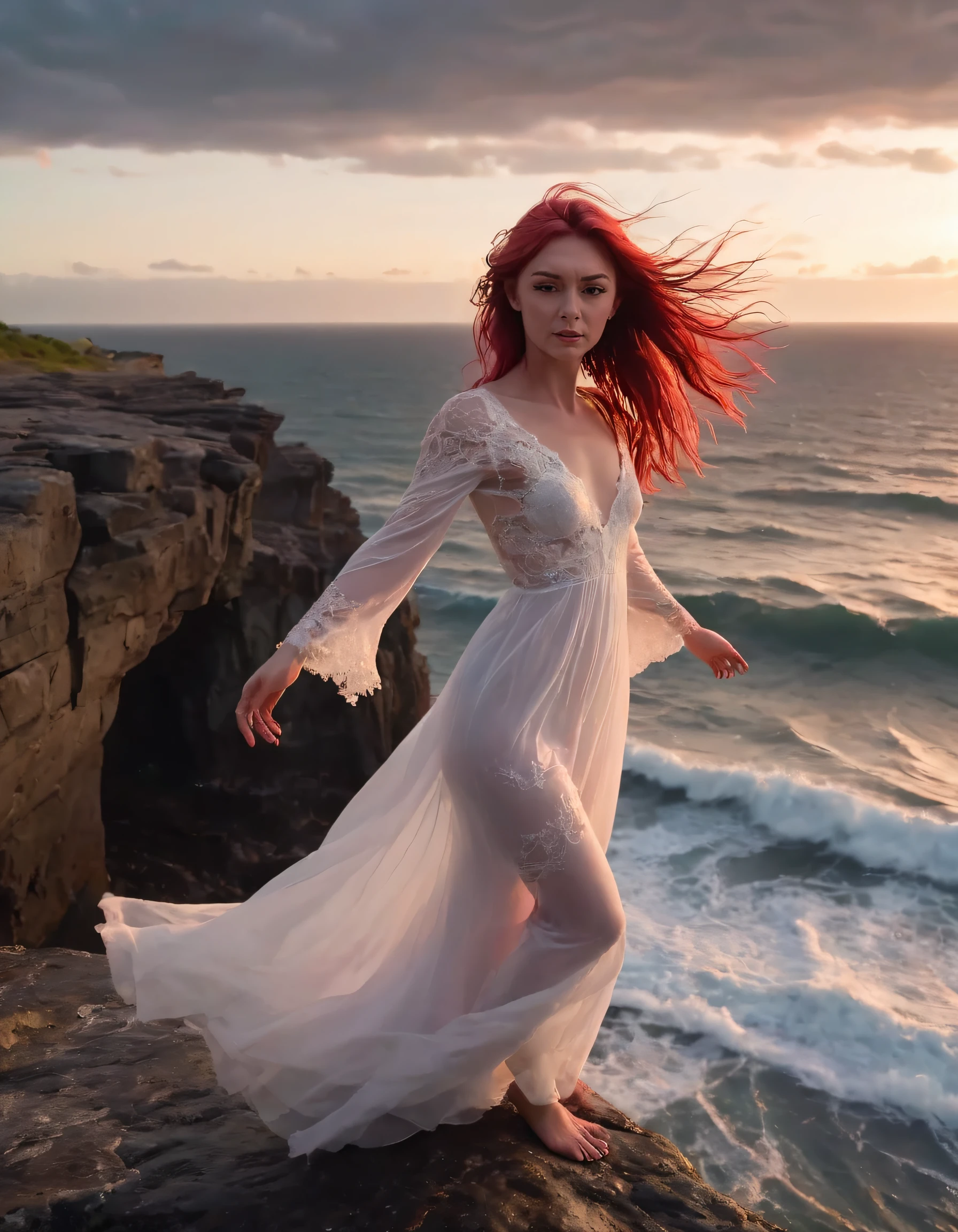 With a breathtaking realism that could be mistaken for life itself, Chloe stands alone in the ethereal glow of twilight, her crimson hair cascading like wildflowers in the wind as it whips around her slender frame, adorned in a billowing white gown with intricate lace detailing that billows out behind her like wings. Her eyes locked onto the vast ocean below where sun sets casting golden hue across her face and crashing waves, her delicate hand reaching out as if to touch horizon all captured by camera positioned atop rocky outcropping, with stormy sky overhead and jagged cliffs stretching into distance creating emotional tableau of both fearless beauty and profound solitude. <lora:prtxwt18fb9fa20cfn5d5:1>