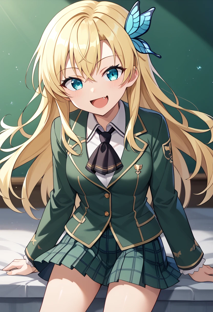 score_9, score_8_up, score_7_up, score_6_up,source_anime, BREAK, Sena, 1girl, blonde hair, aqua eyes, butterfly hair ornament,long hair, black ascot, fang open mouth, smile, st. chronica academy school uniform, green jacket, green skirt, plaid skirt, pleated skirt, happy,  <lora:SenaKashiwazaki-XL-V3:1>