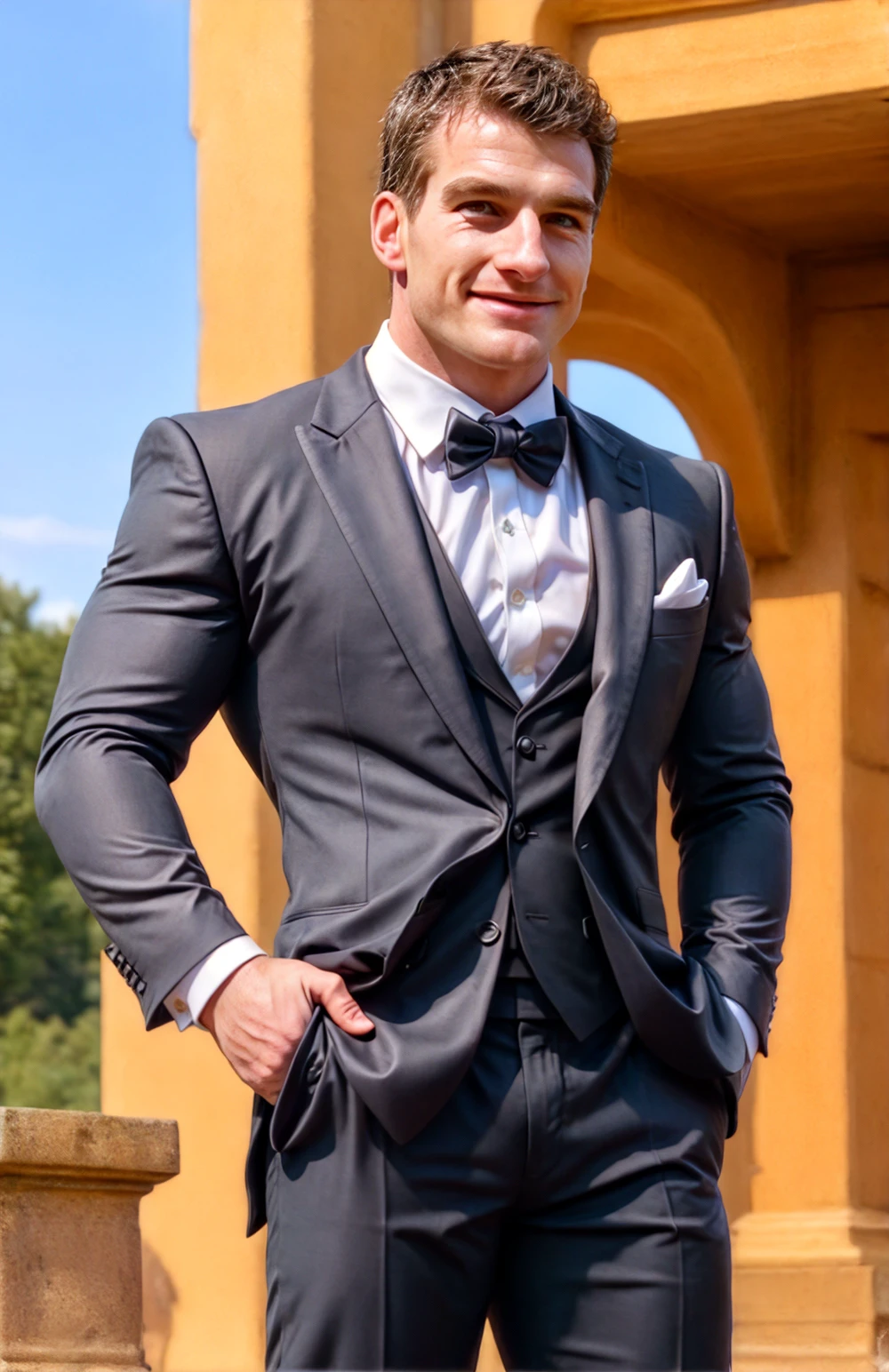 (face focus). <lora:BulkedUpAIR1.5:0.1>, (masculine:1.4), at outdoor sunny wedding, ((muscular man wearing designer formal suit)), sexy pose:1.0, confident, handsome, (((masterpiece))), (((best quality))), <lora:more_details:0.5>, (hands on waist), male, athletic, looking at viewer, smile, big pecs:1.2,<lora:HistorianDanSnow (1):1>, lora:HistorianDanSnow
