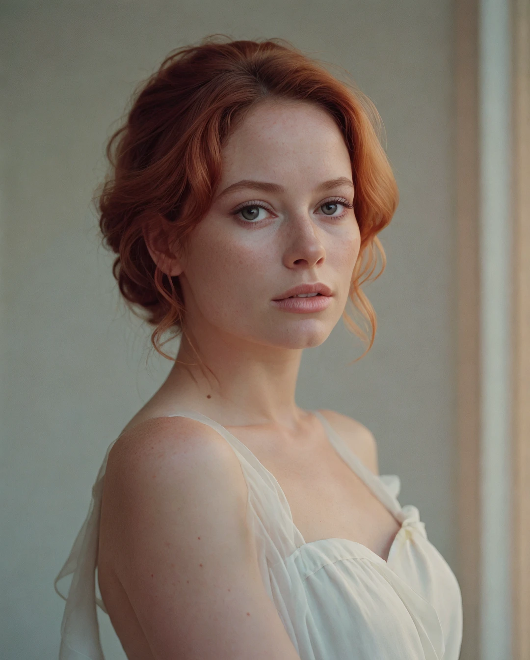 ,This is a portrait of a woman basking in a beam of light,redhead,in profile,white dress,serene expression,vintage look,soft texture,dark background,natural lighting,20s,Caucasian,minimalistic composition,high quality,<lora:çå®å¤§æ¨¡å-000001:0.4>
