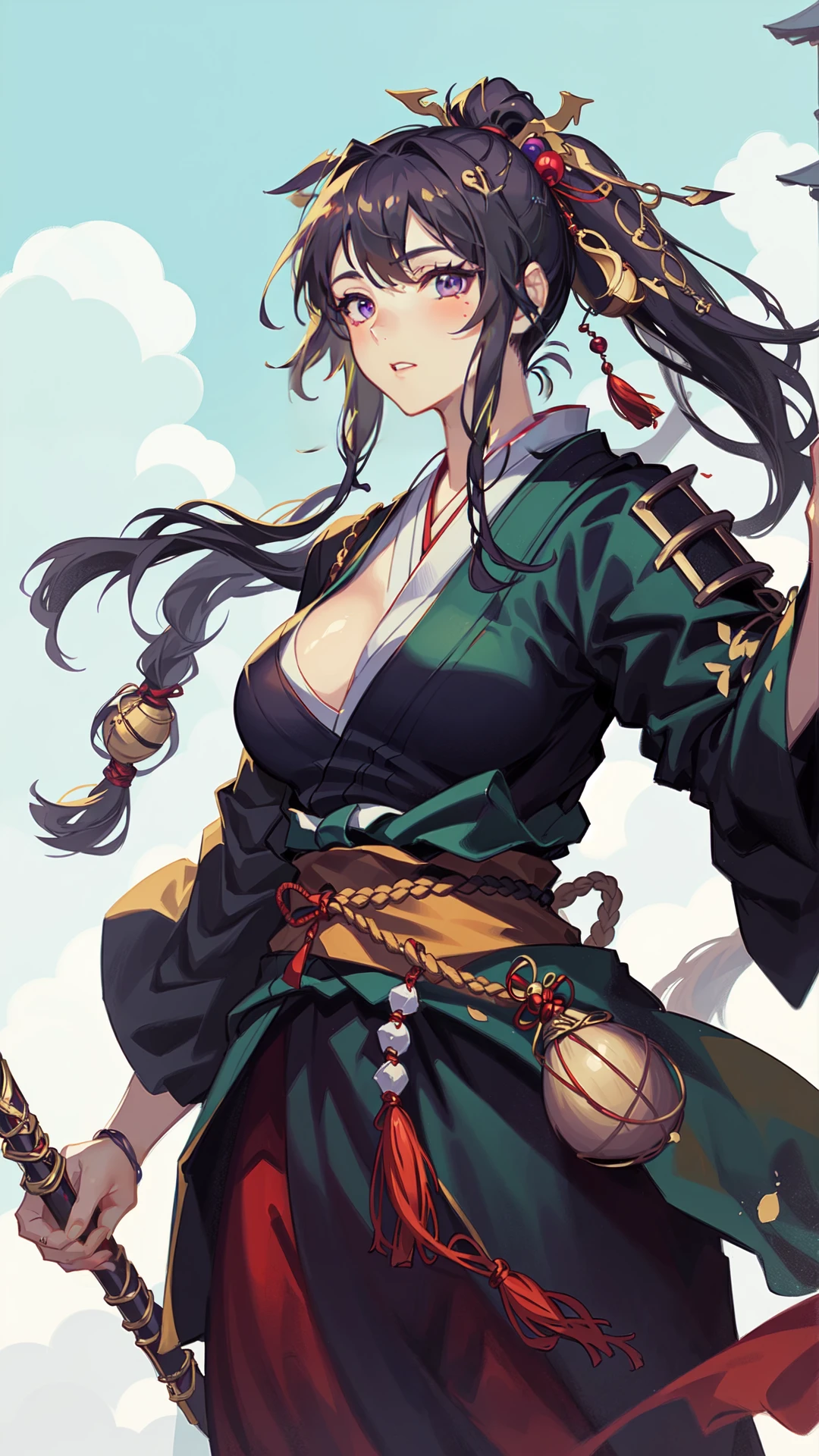 (((gosk))), (((gourd on waist))), weapon.1girl, 1woman, katana, solo, ((green ponytail hair)), (purple eyes), ((open red kimono)), big breasts, collar bone, sheath, (((cowboy shot))), (((dynamic pose))), (((outdoors, medieval fantasy, japanese village background))), 8k, 16k, trending on pixiv, fanbox, skeb, masterpiece, detailed face, digital painting, (best quality, ultra detailed), (detailed background:1.2), (perfect face, detailed face), (mature female:1.4), <lora:sd_v15_dpo_lora_v1:0.8>,  <lora:gosk:0.8>