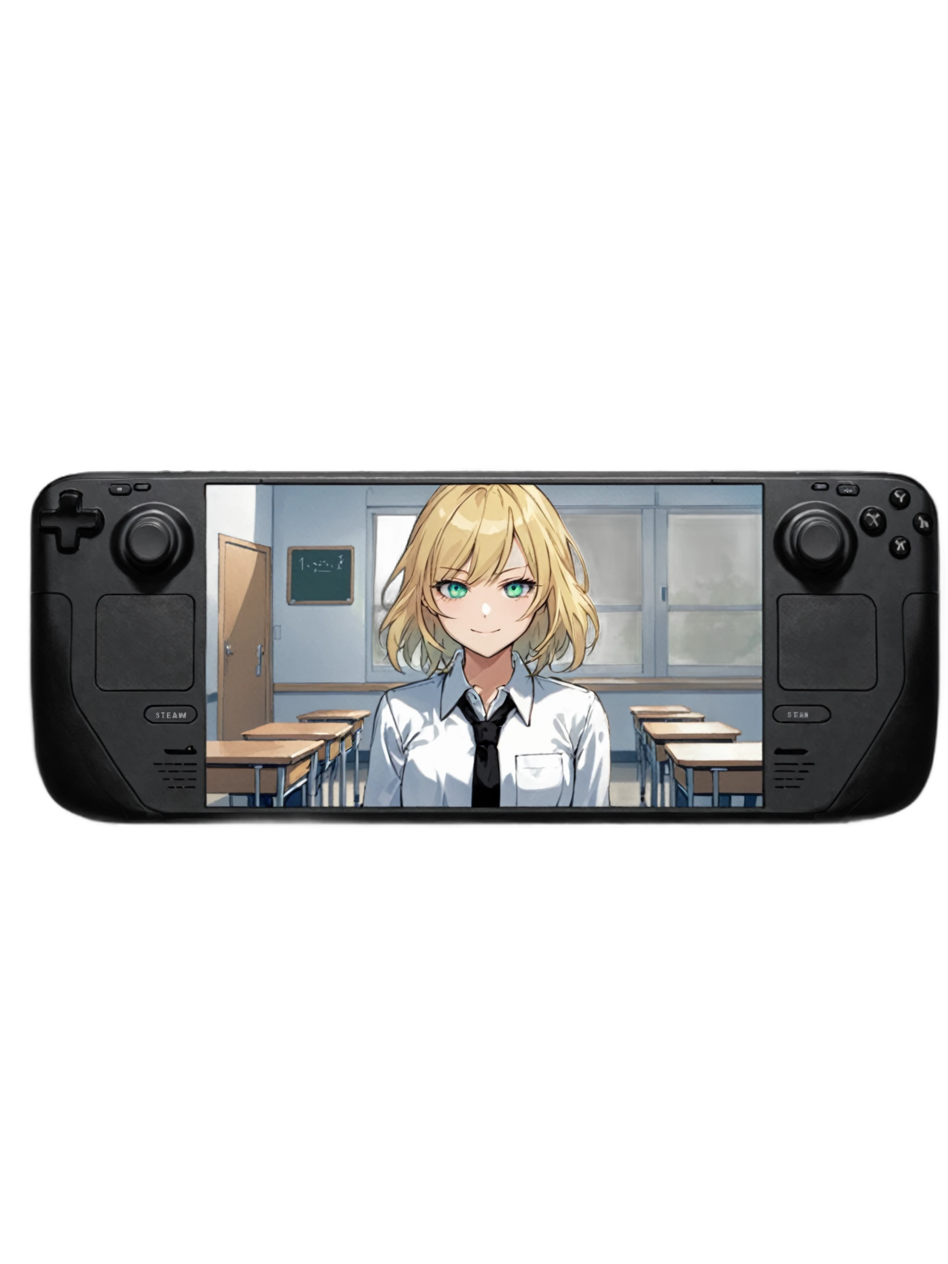 masterpiece, best quality,
<lora:steamdeck.sdxl.v2:0.75>
(steamdeck, fontalsteam, white steambackground:1.1), 
[:1girl, blond hair, light smile,  white shirt, collared shirt, black necktie, light green eyes, aqua eyes,classroom:0.1]