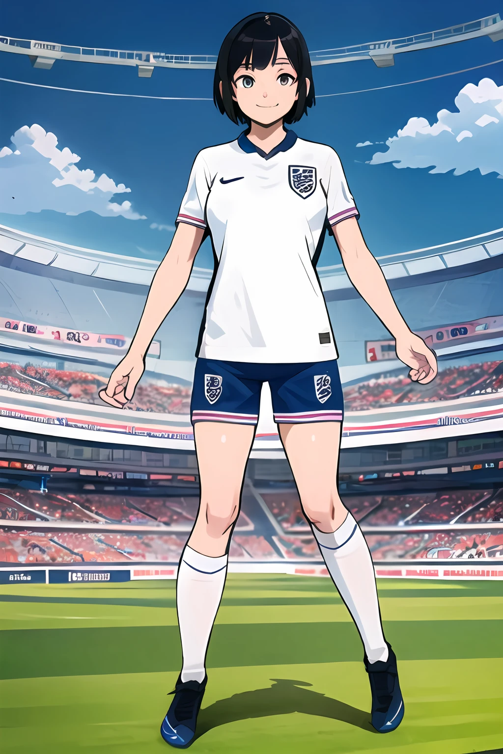 <lora:SC-EN6_Shirt_2024:1>, 3n6l4nd, sportswear, soccer uniform, white shirt, shorts, (full body:1.2), 1girl, black hair, short hair, smile, (stadium:1.2), green field, massive breasts, (best quality), (ultra-detailed), (best illustration)
