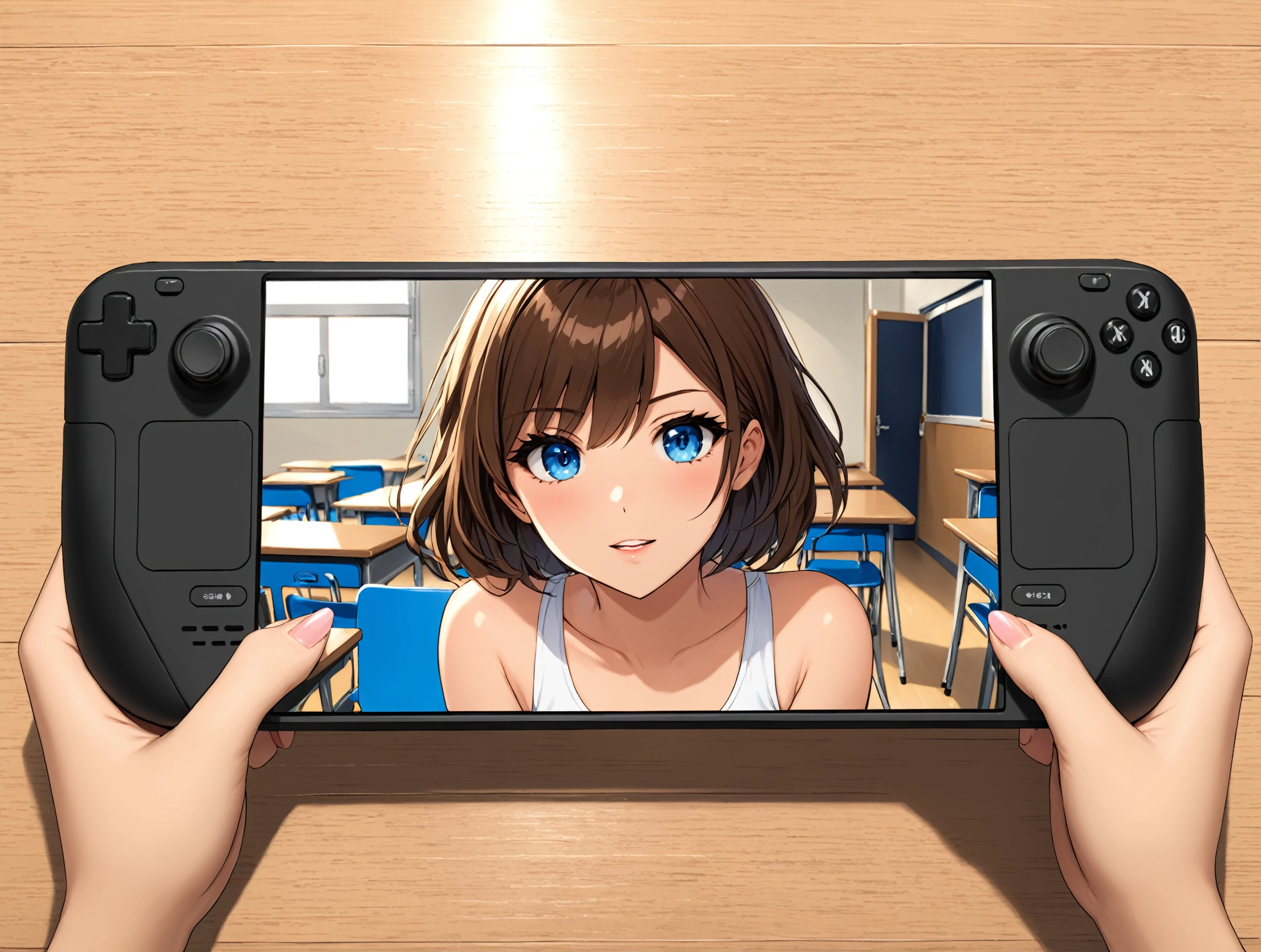 masterpiece, best quality,
<lora:steamdeck.sdxl.v2:0.45> steamdeck, (fontalsteam ),
holding game console, pov, hand,
1girl, brown hair, blue eyes, short hair, classroom