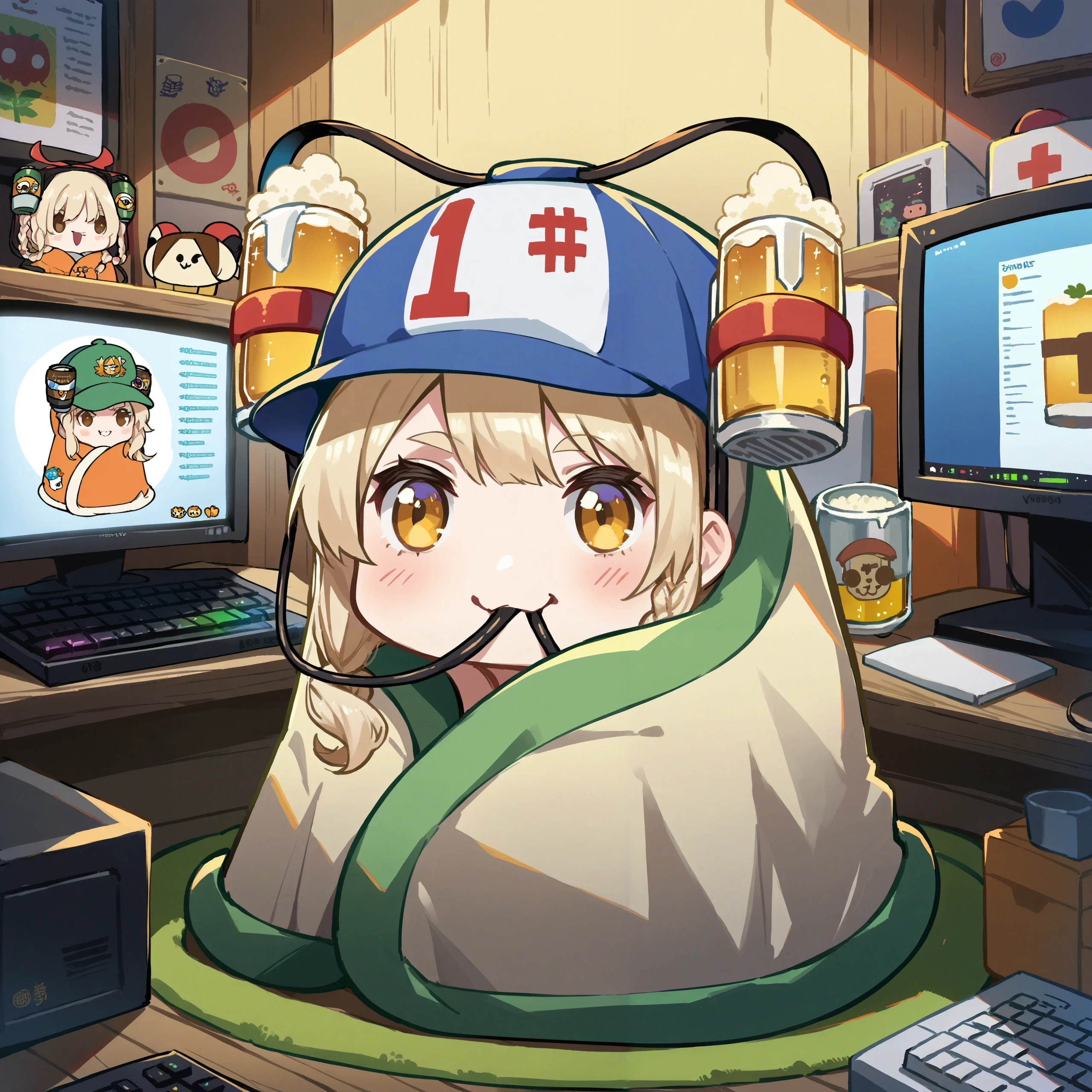 score_9, score_8_up, score_7_up, source_anime,
1girl, comfyblanket, chibi, blanket, smile,
beerhat, tube in mouth, beer,
pc, monitor, keyboard, dark room, indoors, braid
<lora:concept_beerhat-v2.8.2-pony:1> <lora:concept_comfyblanket-pony-rls:1>