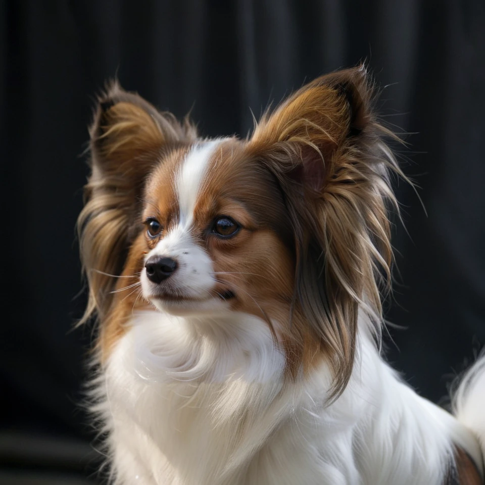 realistic upper body photograph of head (profile:1.1) of brown-white continental toy spaniel (Papillon:1.1)  dog having (long-hair ears:1.3) (head:1.1), The dog has a narrow white blaze between the eyes, the dog's forehead hangs over its muzzle
BREAK illustration, flat vector graphics, (monochrome two colors:1.2), thin sharp outline, sticker imitation, NOBLEDOGS_CTS  <lora:NOBLEDOGS_CTS-000018:0.65>