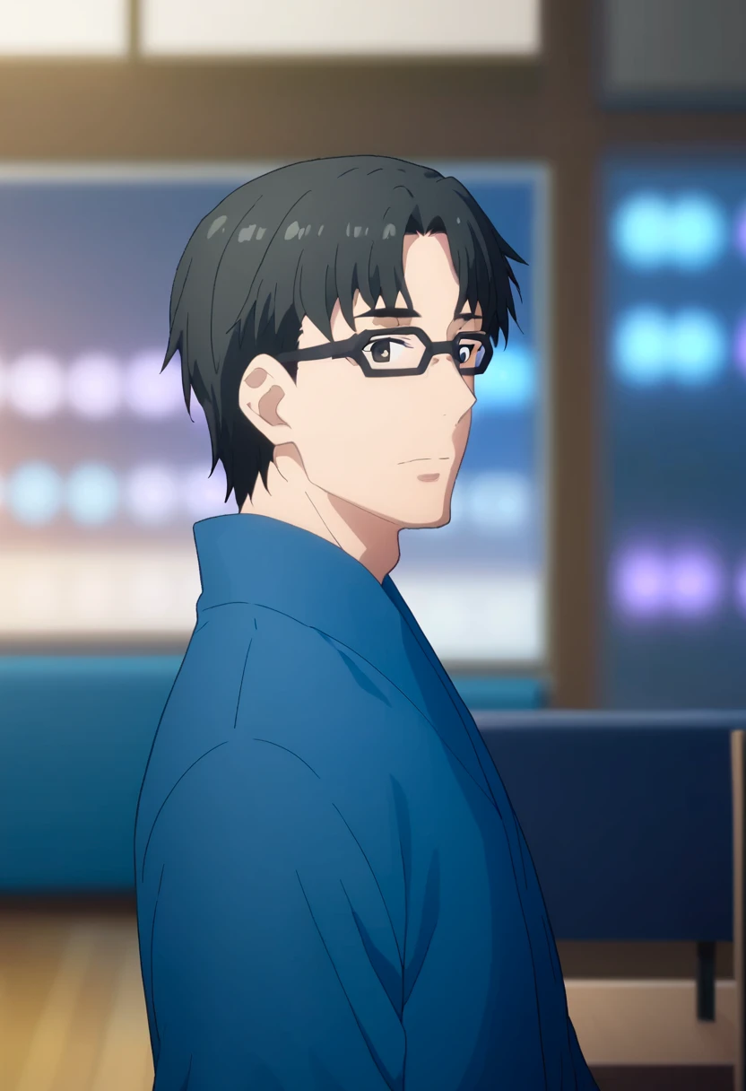 score_9, <lora:kikuoka_seijirou:1> kikuoka seijirou, anime coloring, black eyes, black hair, blue shirt, blurry background, from side, glasses, indoors, kikuoka seijirou, kimono, long sleeves, looking at viewer, male focus, multiple boys, shirt, solo