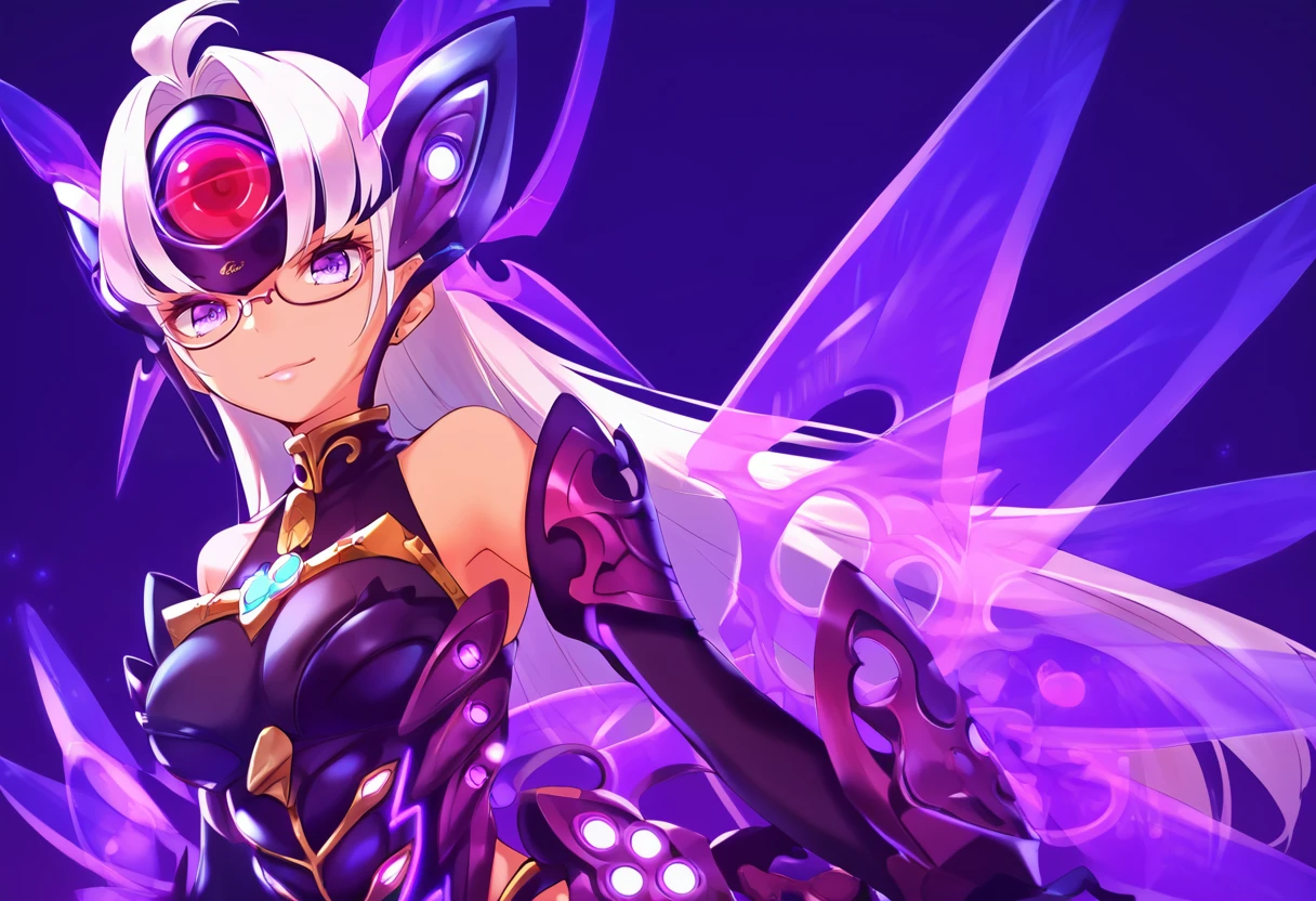 (score_9:0.9),score_8_up,score_7_up,anime style,rating_safe,(zPDXL),<lora:XB2 t-elos re ponyXL v1:0.83>,t-elos re:,purple outfit,forehead protector,1girl,solo,elbow gloves,looking at viewer,medium breasts,purple wings,