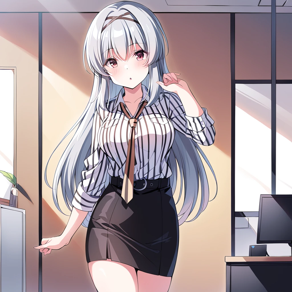 masterpiece,tendorui,1girl,solo,tendorui hairband,parted lips,hand up,tendcasual shirt,tendcasual skirt,tendcasual boots,standing,looking at viewer,<lora:tendorui:0.8>,office,Tyndall effect,