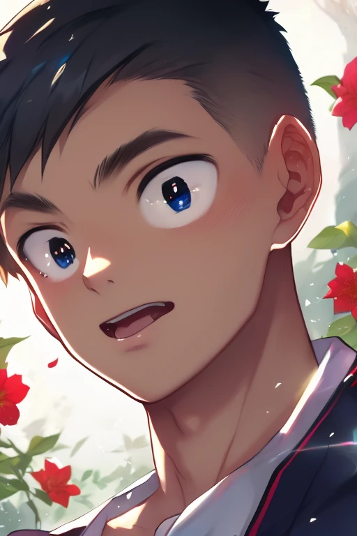 anime artwork, master piece, best quality, BREAK 1boy, solo,
jyunzaburou, detailed hair, transparent hair, looking at viewer, Delicate eyes, beautiful eyes, detailed eyes, upper body hi res, detailed, perfect bow,outdoor, (holding flower:1.3) dutch angle, In the garden,clean, beautiful face, pure face, pale skin, (hyper extreme detailed:1.05), stunning lighting effects, warm light projection,  ((male short hair)),((boys short hair)), ((very short hair)), black hair, black eyes,  <lora:jyunzaburouSD:1.5>