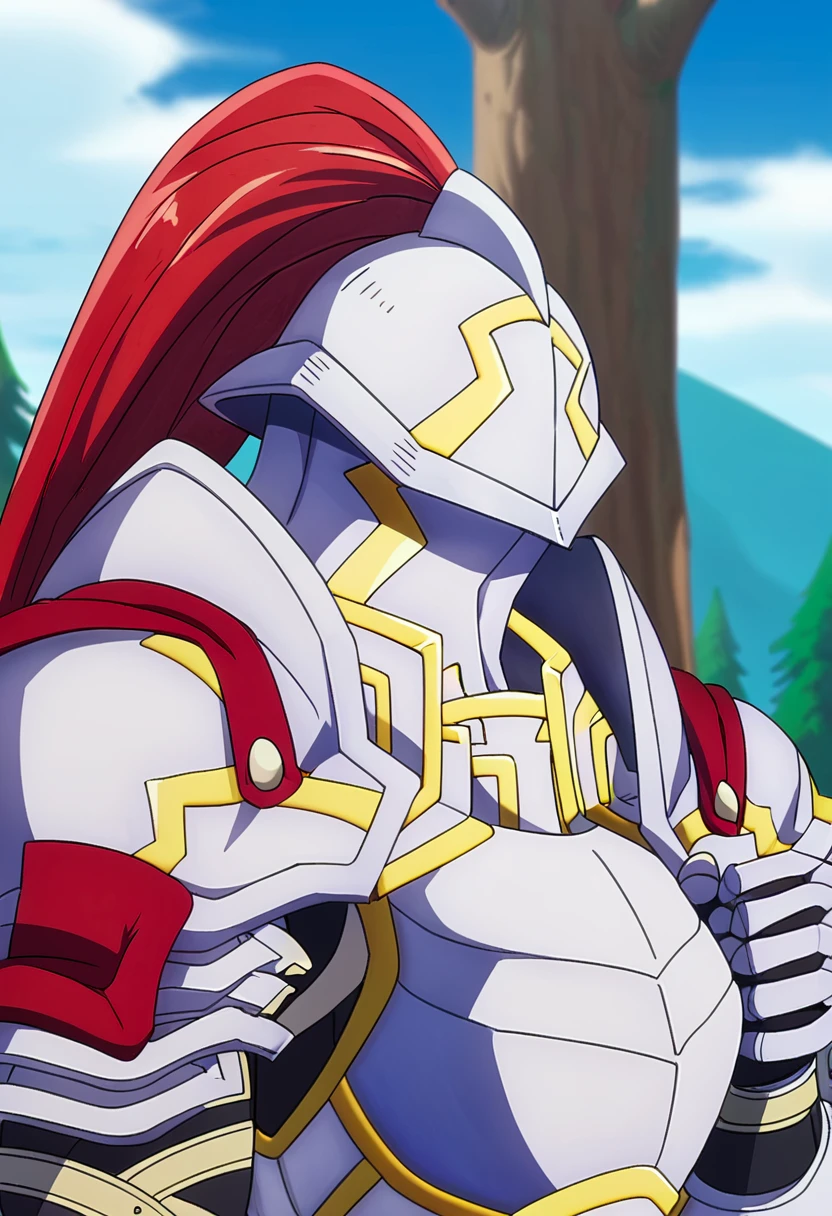 score_9, <lora:Psyger-0:1> psyger-0, 1boy, armor, cloud, full armor, gauntlets, helmet, outdoors, psyger-0, red hair, shoulder armor, solo, tree, upper body