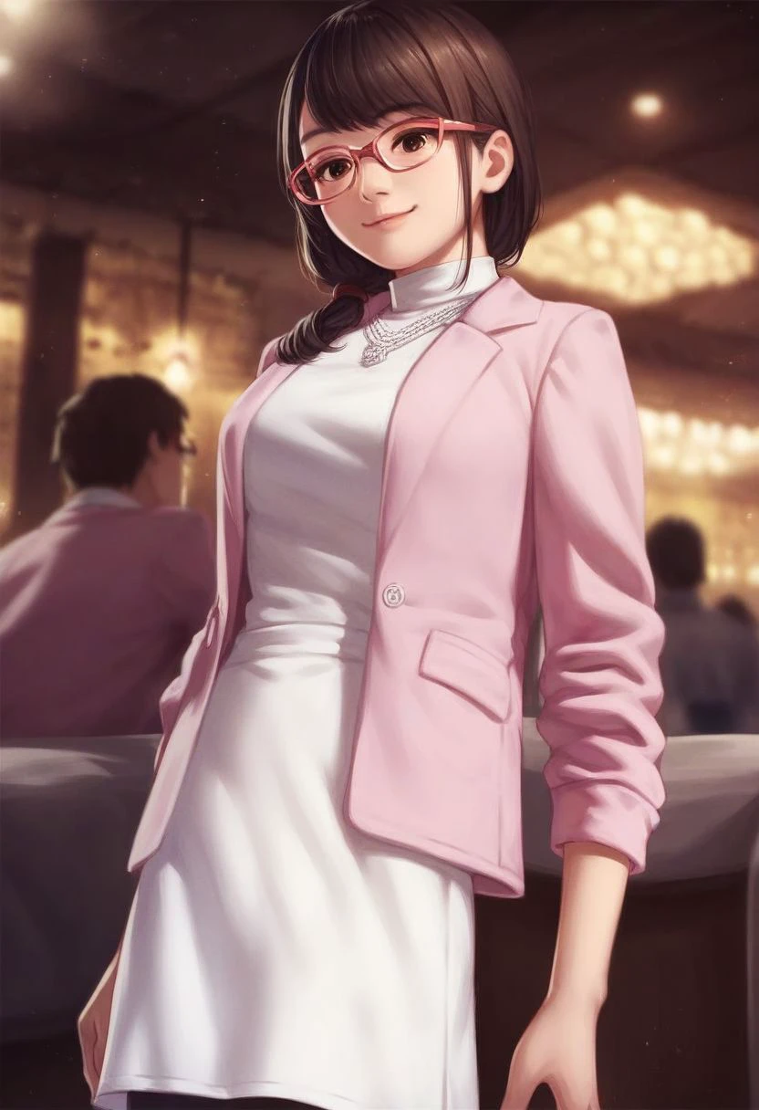 score_9_up, score_8_up, score_7_up, score_6_up, score_5_up, score_4_up, yuki_kiwami2, glasses, brown eyes, pink jacket, white turtleneck dress, necklace, black pantyhose, cute smile, in a nightclub