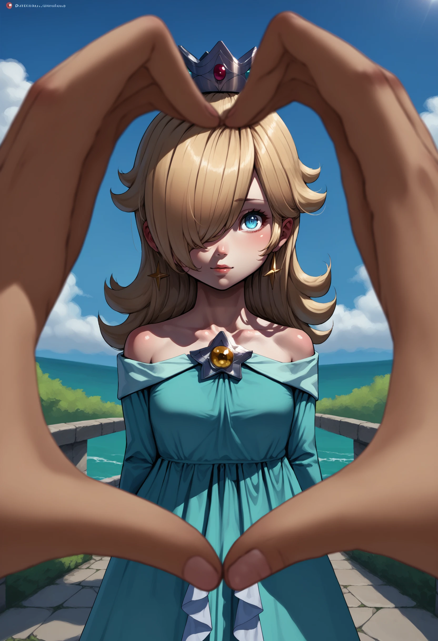 score_9, score_8_up, score_7_up, source_anime, heart hands, pov, pov hands, <lora:POVHeartHands_XLPD:1>, outdoors, looking at viewer, upper body, 1girl, arms behind back, <lora:Rosalina_XLPD:1>, RslnDef, hair over one eye, crown, bare shoulders, off-shoulder dress, long sleeves, blue dress, long dress, aqua dress,