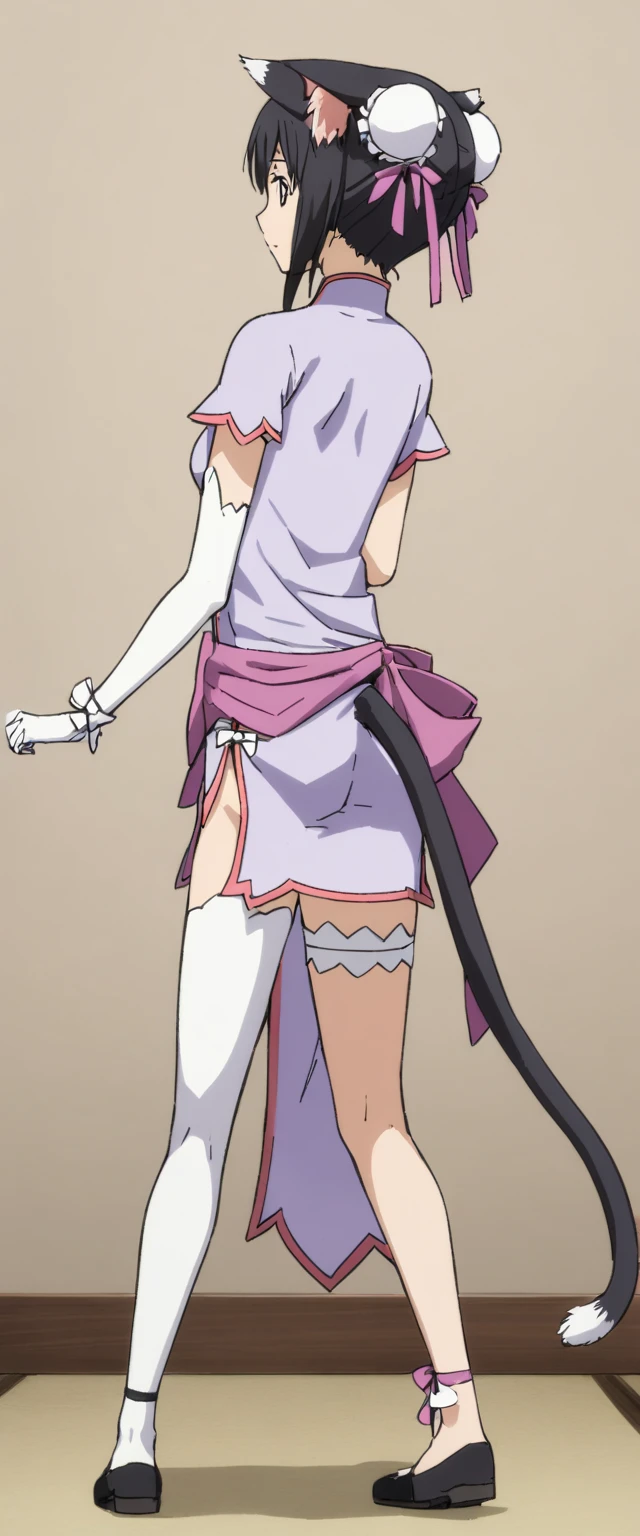 1girl, standing, full body, from behind <lora:LinXiaomeiXL:1> LinXiaomei, catgirl, animal ears, animal tail, black hair, short hair, double bun, hair ribbons, chinese dress, white gloves, single thighhigh, thigh ribbon, ankle ribbon, black shoes
