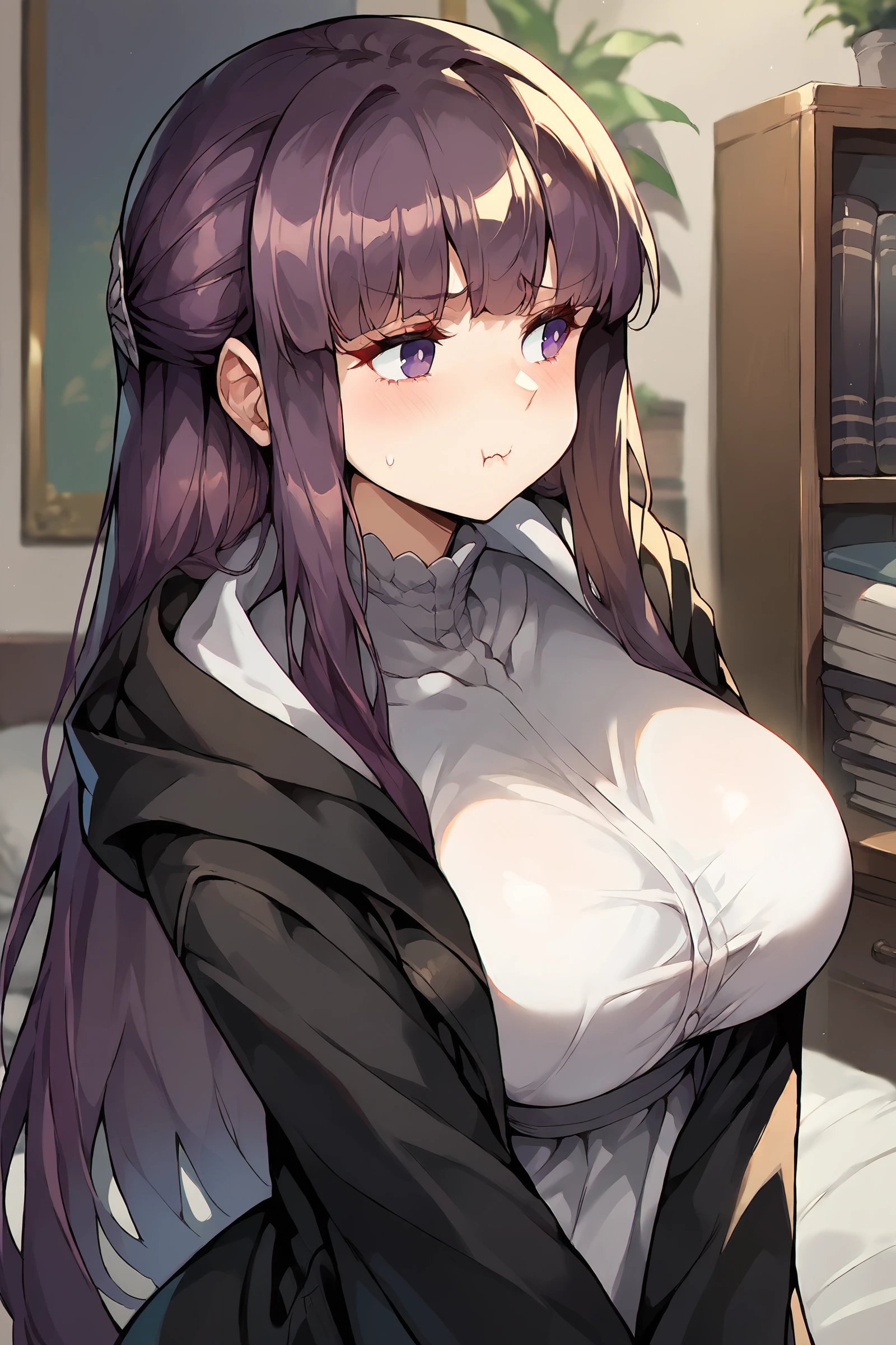 1girl, fern \(sousou no frieren\), solo, large breasts, black coat, long white dress, cowboy shot, breasts squeezed together , v arms, large breasts, pout, :t, looking to the side, blush, bedroom, depth of field , score_9, score_8_up, score_7_up, <lora:Char-Fern-V1-Pony:1>, <lora:urushihara-lora04_PonyXL:0.5> <lora:Expressive_H:0.2>