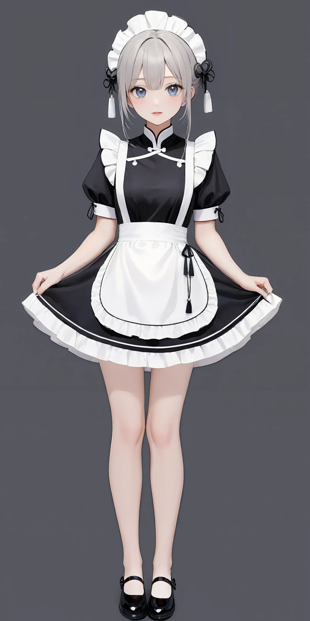 masterpiece,ultra-detailed,best quality,8K,illustration,cute face,clean skin ,shiny hair,girl,ultra-detailed-eyes,simple background, <lora:add-detail-xl:1> <lora:china maid_XL_V1.0:1> china maid,full body