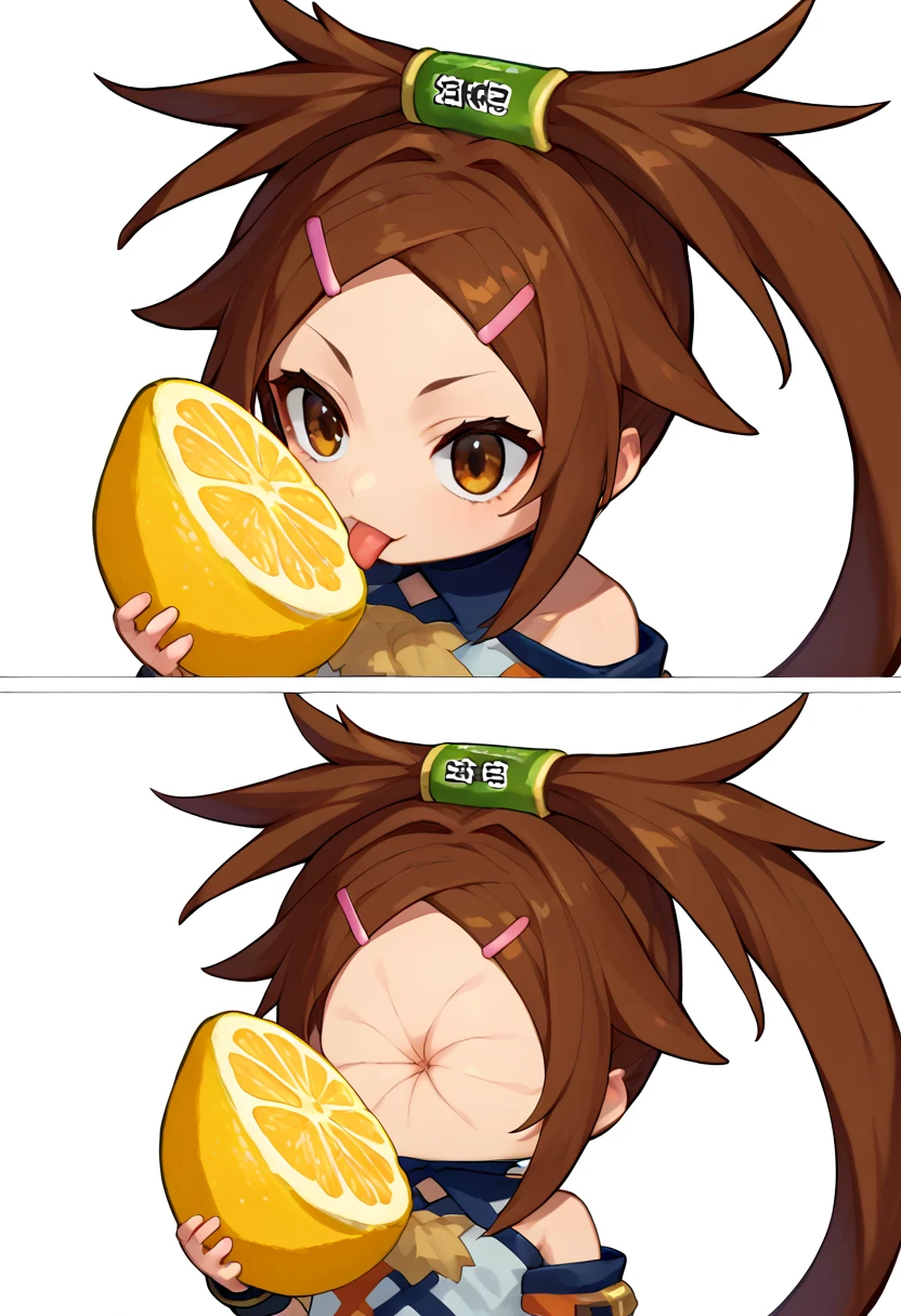score_9, score_8_up, score_7_up, source_anime, simple background, white background, 2koma, multiple views, chibi, solo, 1girl, kuradoberi jam, tongue out, holding fruit, lemon slice, hair rings, hair ornament, hairclip, bare shoulders <lora:meme_thour_ponyXL:1.4> <lora:guiltygear_kuradoberi_ponyXL:0.9>