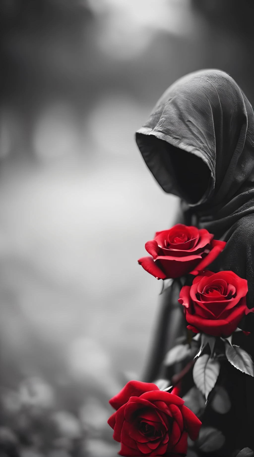 ,beij,rose,flower,red flower,blurry,red rose,blurry background,depth of field,red theme,wwm,solo,monochrome,greyscale,hood,<lora:beij528:0.8>