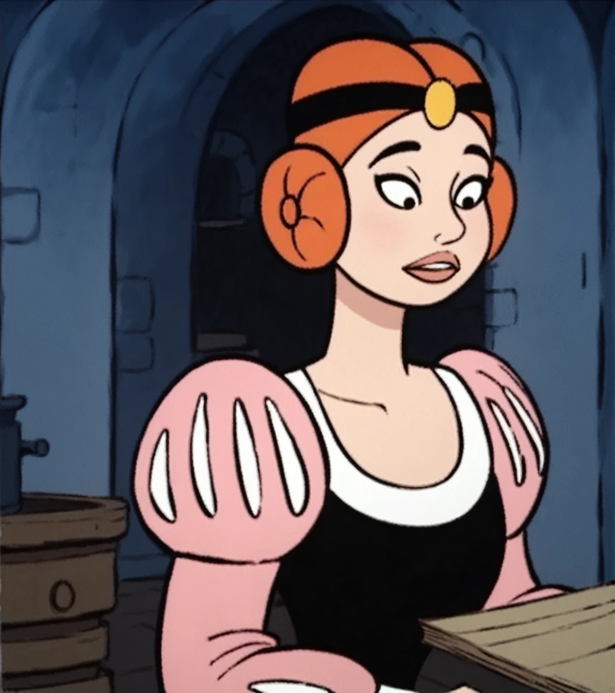 score_9, score_8_up, score_7_up,
princess_sabina, red hair, princess dress, bouffant dress with gigot sleeves and petticoat, side buns, (dot pupils), indoors, castle, cartoon, <lora:Princess_Sabina:1>