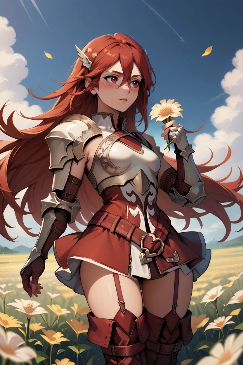 score_9, score_8_up, score_7_up, score_6_up, source_anime BREAK 1girl, solo, <lora:fecordelia-pdxl-nvwls-v1-000005:1> defCordelia, red hair, red eyes, wing hair ornament, red dress, short dress, armored dress, belt, gauntlets, garter straps, thigh boots, holding flower, field, blue sky, blush, wide shot, wind, hand up