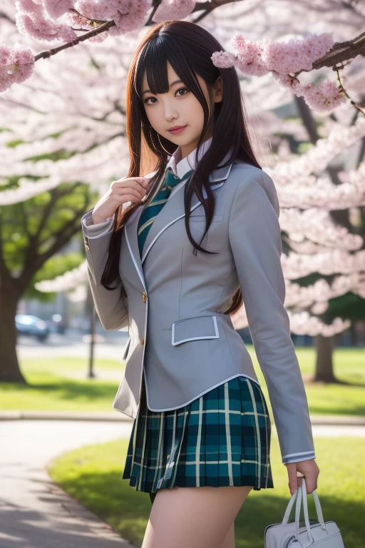 ltra-detailed,highly detailed,best quality,masterpiece,illustration,realistic,photorealistic,
bangdream, school uniform, 
1girl, solo, 
jacket, collared shirt, plaid skirt, pleated skirt, 
long sleeves, necktie, 
long hair, bangs, 
looking at viewer, cowboy shot, standing, 
cherry blossoms,  outdoors, tree, flower, blurry background, day, branch, petals, spring \(season\), 
 <lora:bangdream_yq_v1_03:0.7>