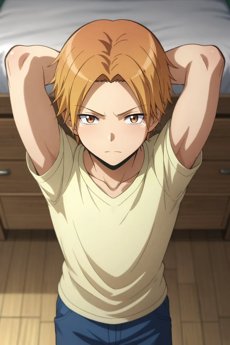 score_9, score_8_up, score_7_up, source_anime, rating_safe, intricate details, , looking at viewer, depth of field, 1boy, solo, male focus, <lora:hiroto_maehara_pony:0.92>, hiroto_maehara, orange hair, brown eyes, short hair, from above, full body, bedroom, dawn, arms behind head, tearing up, , <lora:sdxl_lightning_8step_lora:1>