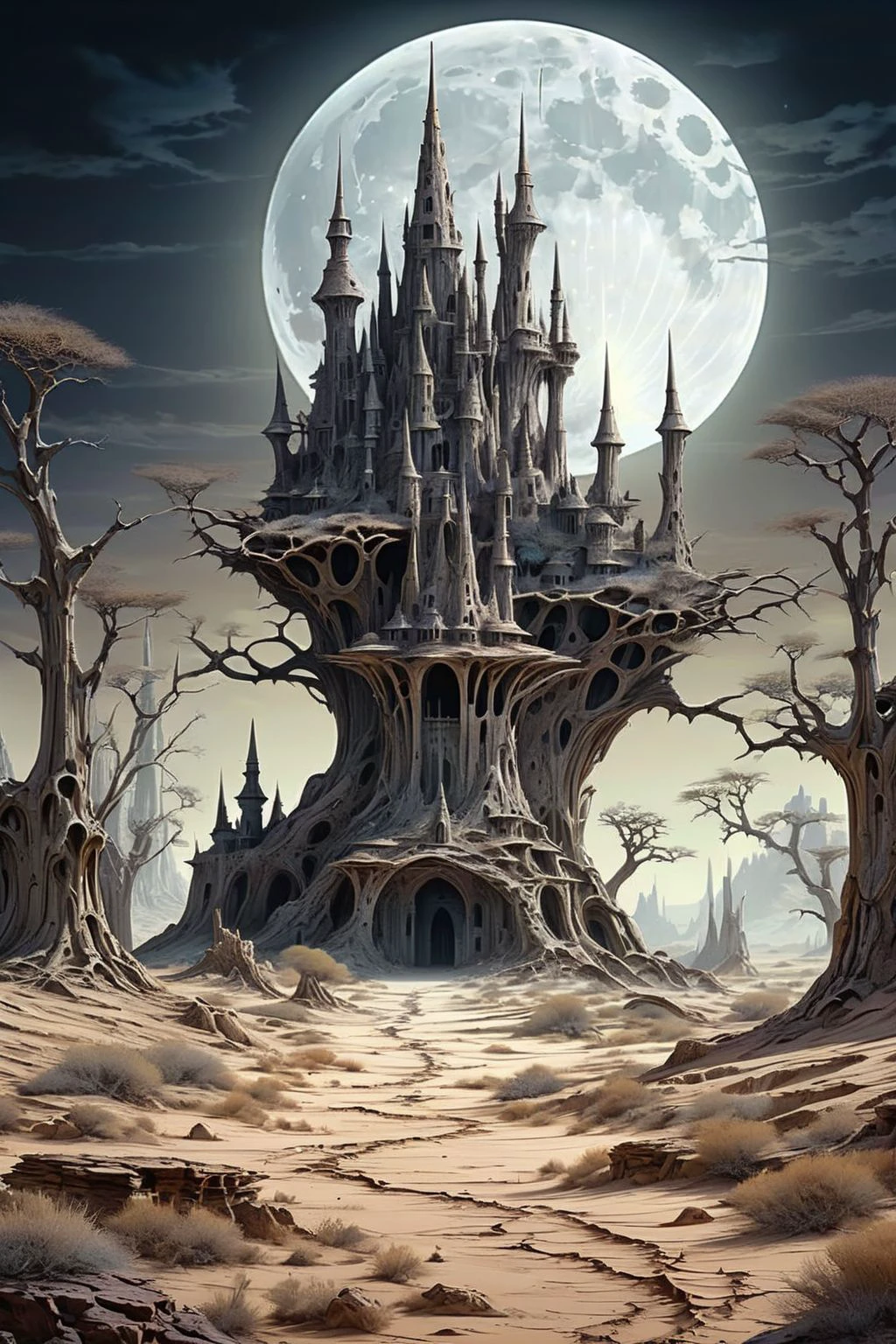 fantasy landscape with a Detailed majestic alien castle in the middle of a stoun cracked desert, dry trees, a huge full moon in the background, limited dark color palette, volumetric lighting
dagobahlnd  <lora:DagobahLnd:0.7>, extremely high quality RAW photograph, detailed background, intricate, exquisite details and textures, highly detailed, ultra detailed photograph, warm lighting, artstation, sharp focus, high resolution, detailed skin, detailed eyes, 8k uhd, dskr, high quality, film grain, Fujifilm XT3