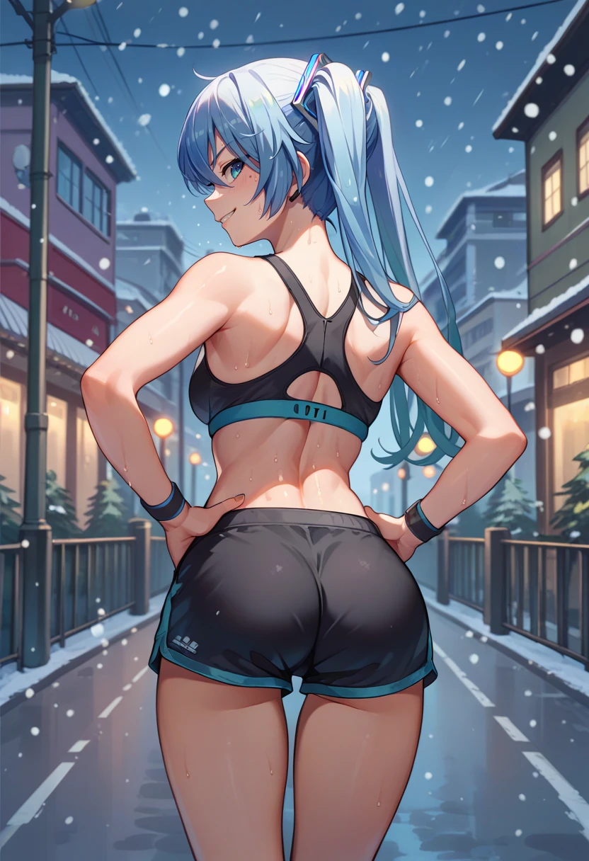 score_9, score_8_up, score_7_up, source_anime, from behind, solo, 1girl, yukimiku2011, sweat, smirk, looking back, hands on own hips, twintails, black sports bra, black shorts, short shorts, ass, snowing, outdoors, city street <lora:vocaloid_yukimiku2011_ponyXL:1>