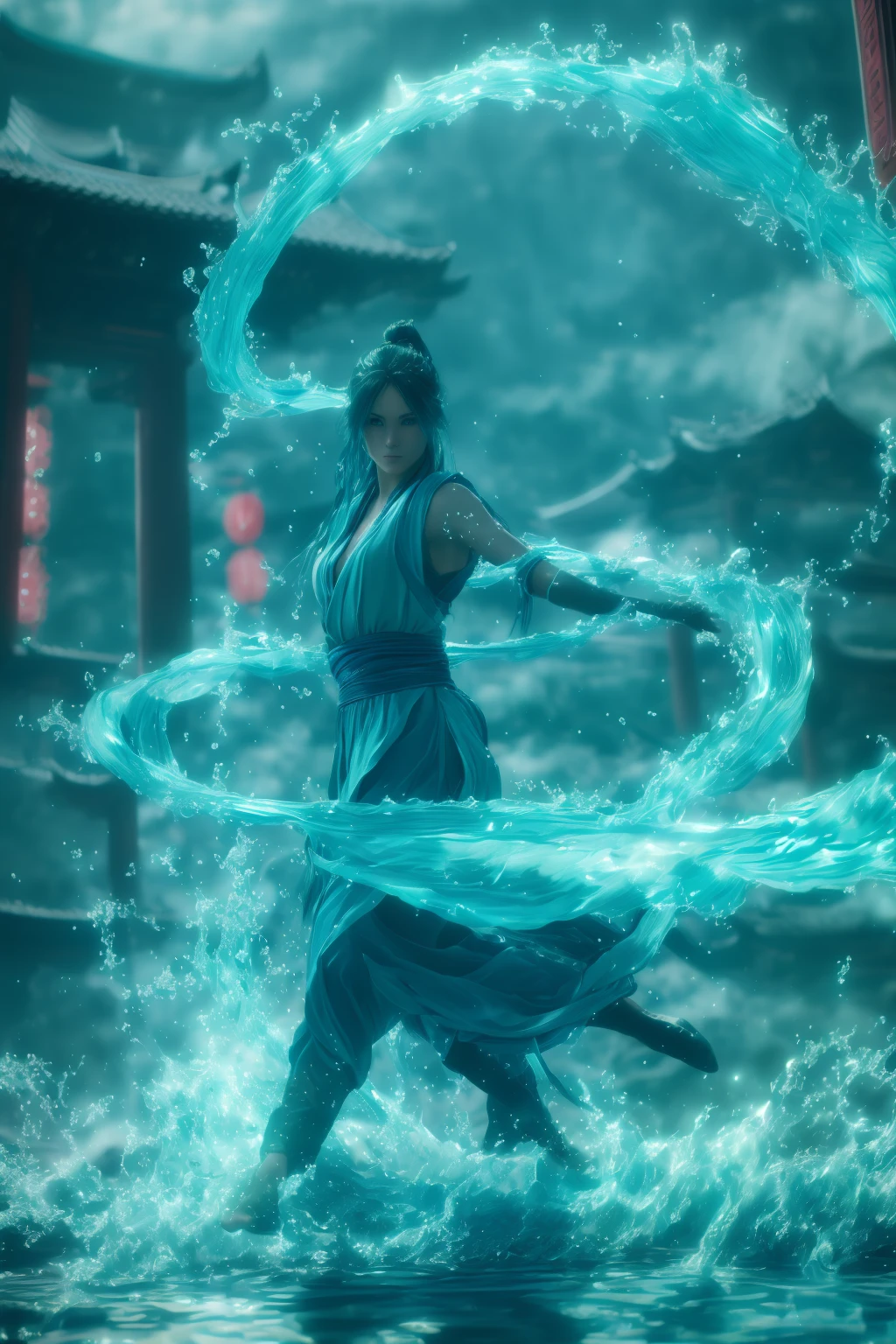 fighting stance,dancing,ancient-costume,cyan-aura,using cyan-water-magic,cyan-water-magic,using cyan-magic,cyan-magic,1girl,solo,long hair,blue eyes,<lora:magic_fighting_cyan_512_dreamshaper_8_3:1>,