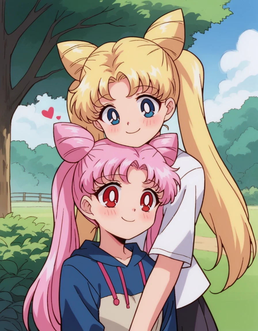 zPDXL, score_9, score_8_up, score_7_up, source_anime,
multiple characters, 2girls, yuri, outdoors, smiling, happy, hugging, looking at another, cute, adorable, blush, heart, <lora:SailorMoon:1> slrmn, chibi usa, pink hair, double bun, twintails, pink hair, red eyes, cone hair bun, tsukino usagi, blonde hair, blue eyes, double bun, twintails, long hair, one *****, one adult,