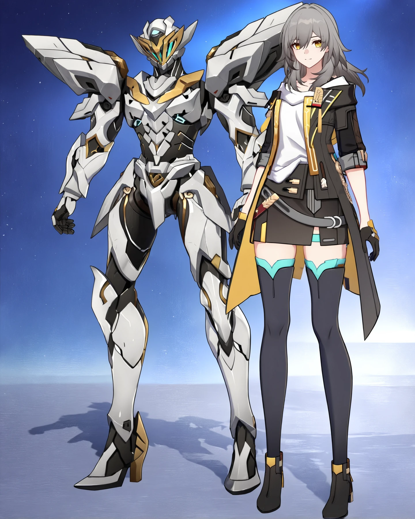 (8k:0.9), best quality, masterpiece, (ultra-detailed:1.2), (high detailed skin), full body,
<lora:LKtrainre-A3-Tanger-000010:0.7>, stelle /(honkai: star rail/), stelle's def clothes, Sam /(honkai: star rail/), 1girl, robot, two anime characters standing next to each other,