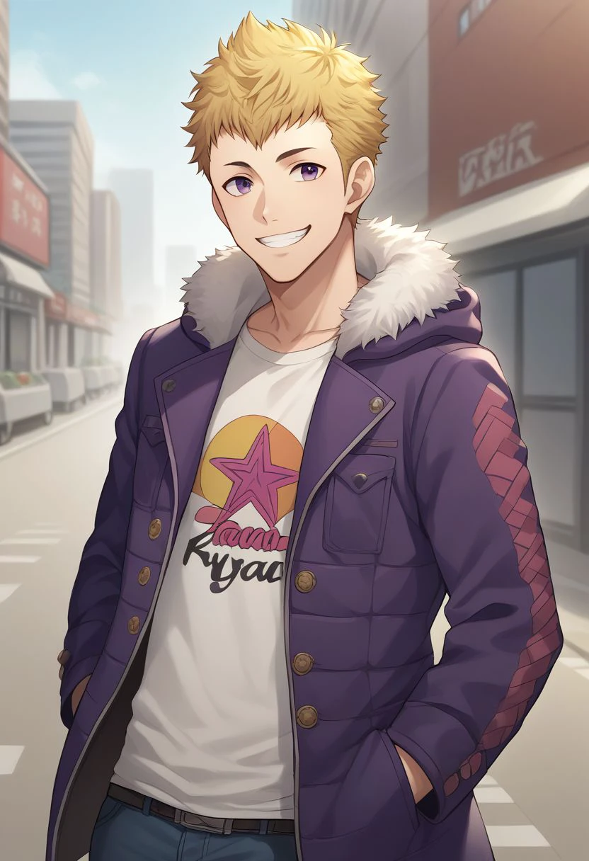 score_9, score_8_up, source_anime, highly detailed, 1boy, solo, male_focus
ryuji, 1boy, male focus, solo, blonde hair, hands in pockets, smile, 
jacket, violet jacket, pants, hood, fur trim, upper body, smile,
outdoor, street, city, japan,